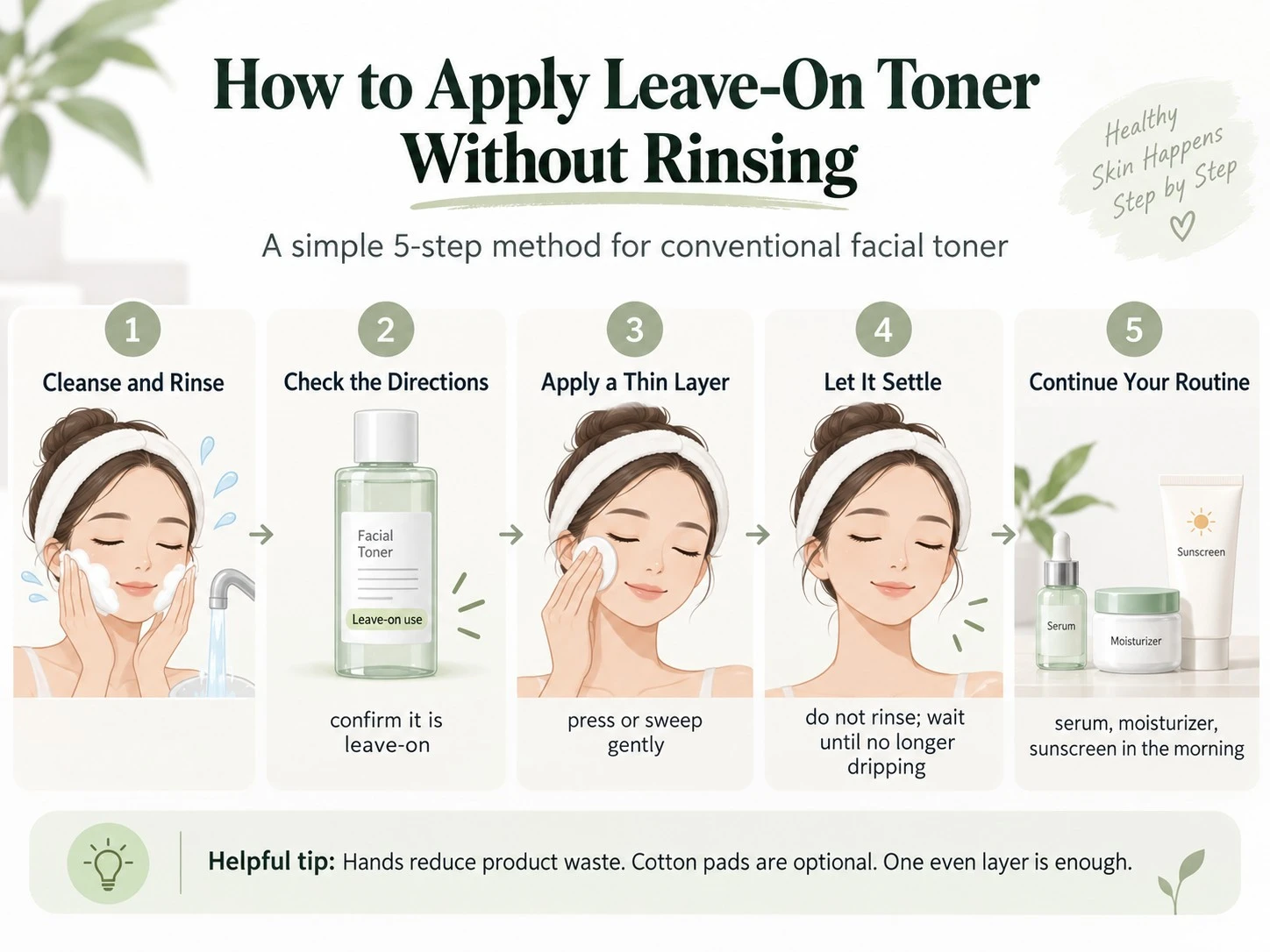 How to Apply Toner Without Rinsing It Off illustration showing cleanse directions thin layer settle serum moisturizer and sunscreen - Zicail Beauty How to Apply Toner Without Rinsing It Off illustration showing cleanse directions thin layer settle serum moisturizer and sunscreen - Do You Wash Toner Off? How Long Should It Stay On?