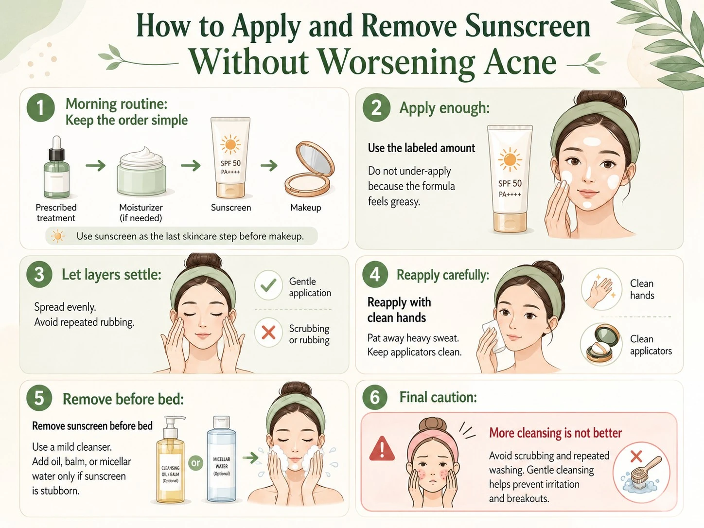 How to Apply and Remove Sunscreen Without Worsening Acne illustration showing simple SPF routine and gentle cleansing - Zicail Beauty How to Apply and Remove Sunscreen Without Worsening Acne illustration showing simple SPF routine and gentle cleansing - Does Sunscreen Clog Pores or Cause Acne? The Truth