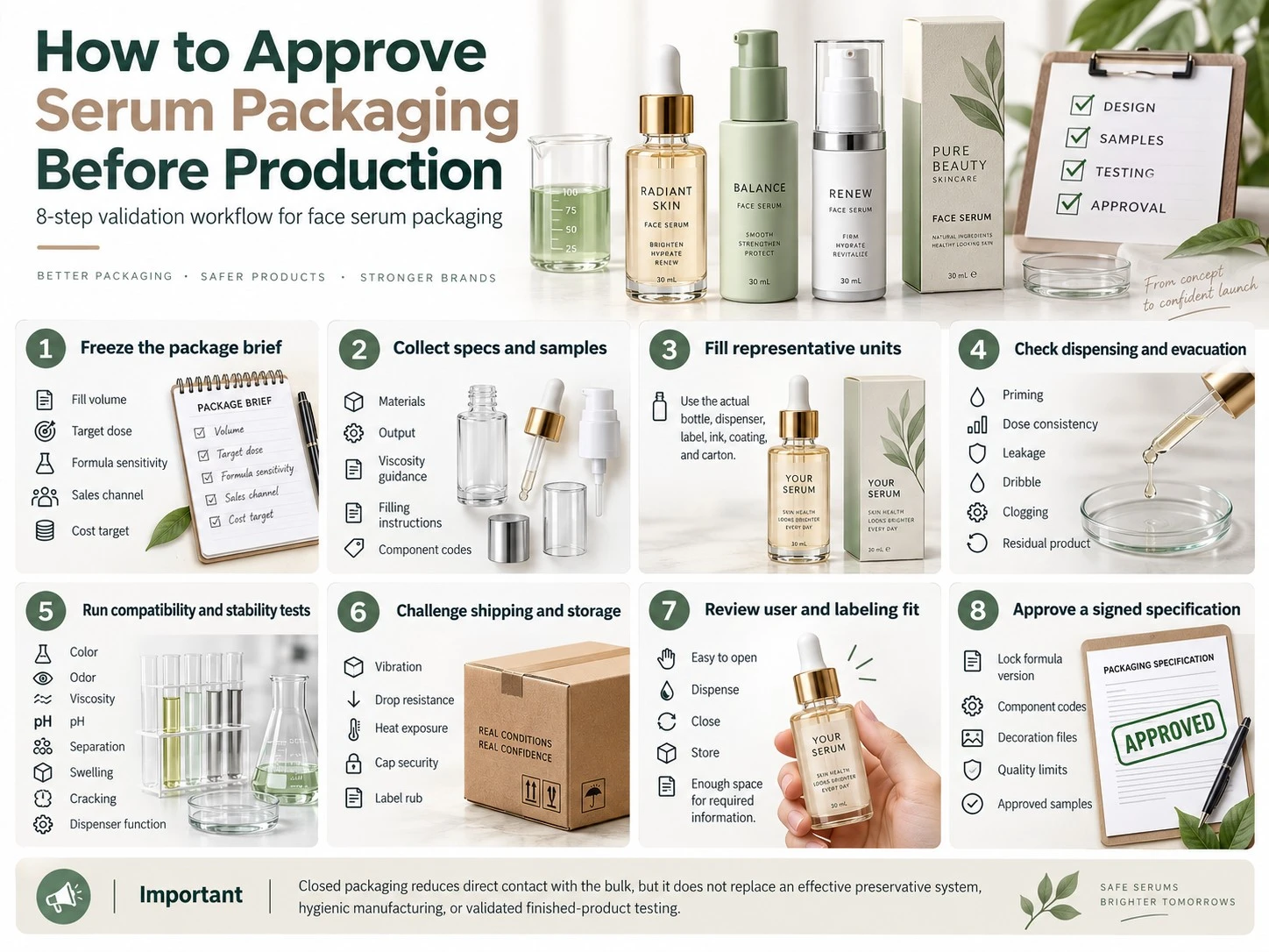 How to Approve Serum Packaging Before Production illustration showing specs filled units compatibility shipping and signed approval - Zicail Beauty How to Approve Serum Packaging Before Production illustration showing specs filled units compatibility shipping and signed approval - Face Serum Packaging: Dropper vs Pump vs Airless Bottle