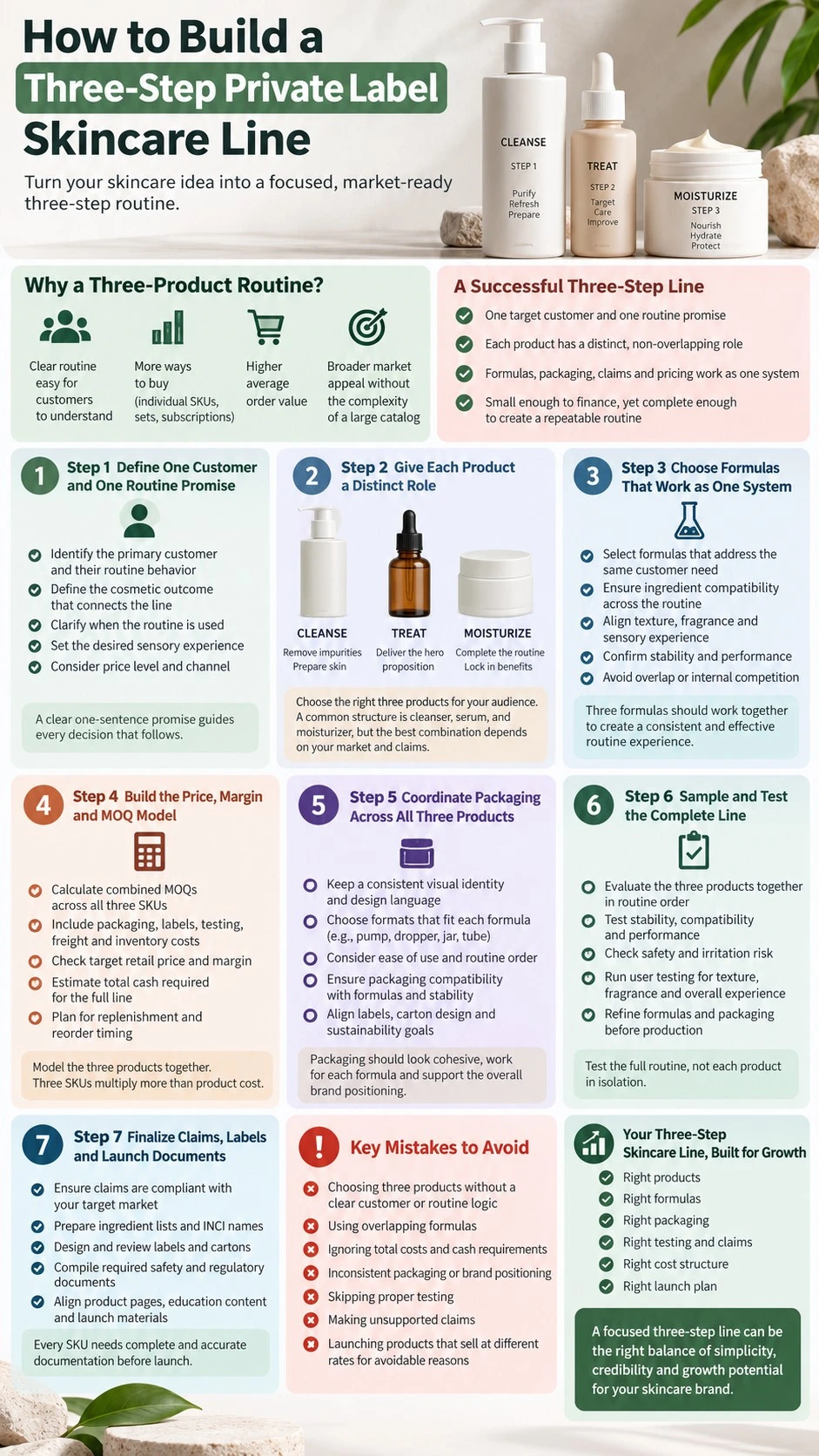 How to Build a Three Step Private Label Skincare Line customer roles formulas packaging testing claims and launch infographic - Zicail Beauty How to Build a Three Step Private Label Skincare Line customer roles formulas packaging testing claims and launch infographic - How to Build a Three-Step Private Label Skincare Line