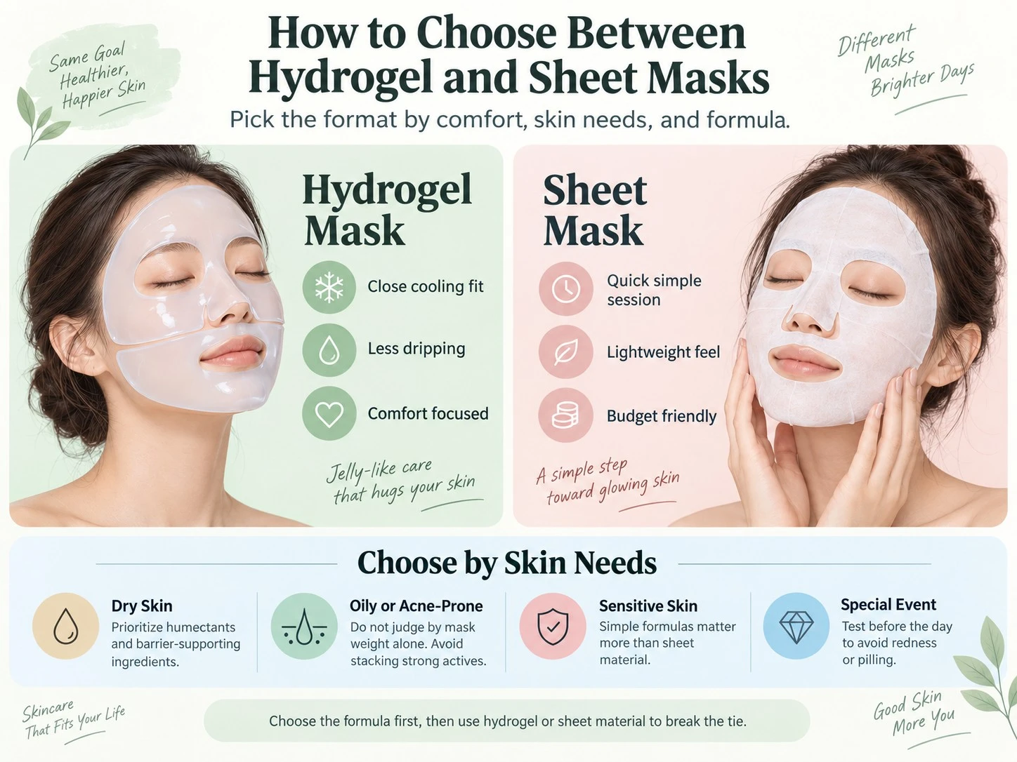 How to Choose Between Hydrogel and Sheet Masks illustration showing cooling fit less dripping and skin needs - Zicail Beauty How to Choose Between Hydrogel and Sheet Masks illustration showing cooling fit less dripping and skin needs - Hydrogel Mask vs Sheet Mask: Which Should You Choose?