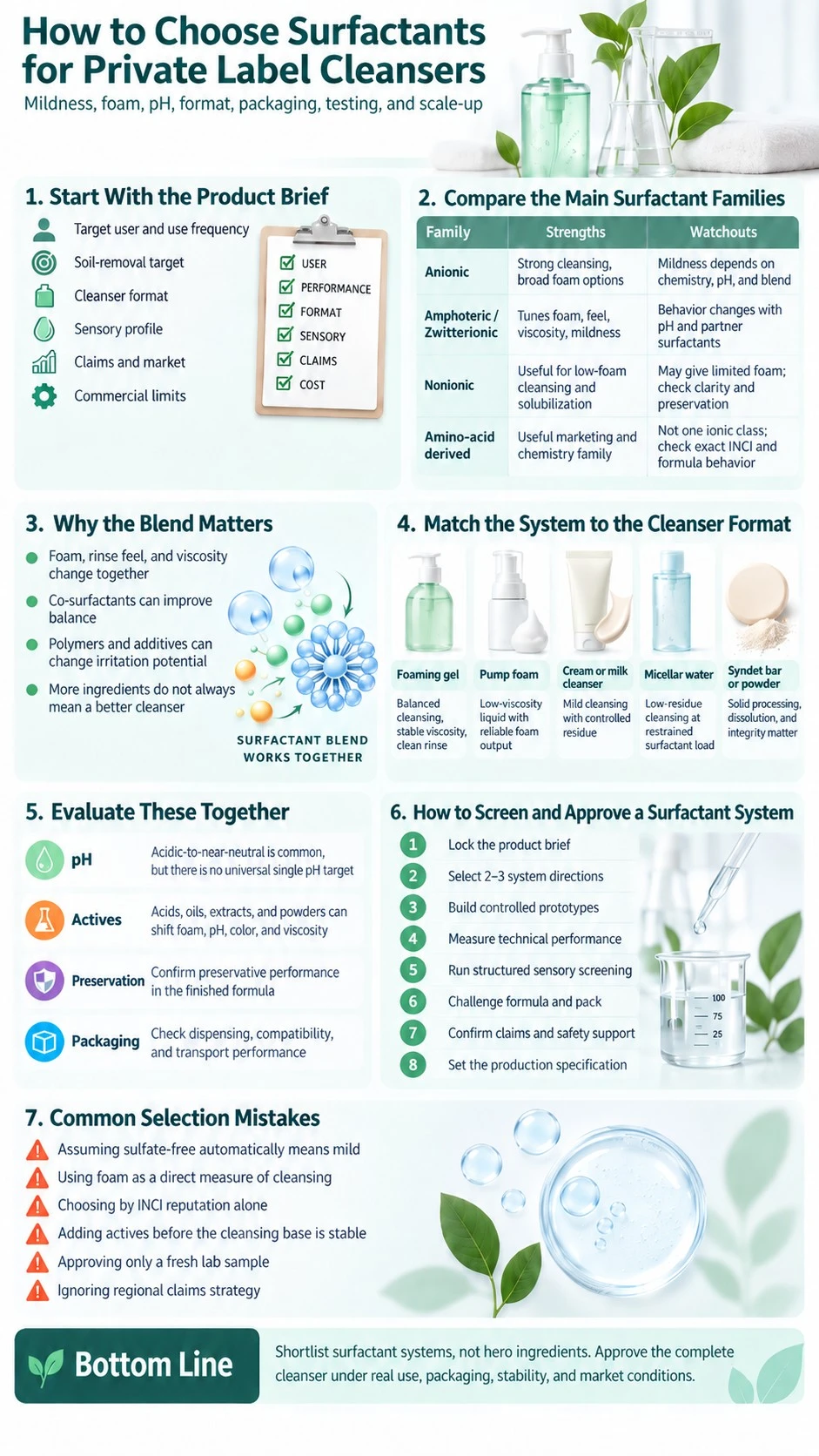 How to Choose Surfactants for Private Label Cleansers infographic covering mildness foam pH format packaging testing and approval - Zicail Beauty How to Choose Surfactants for Private Label Cleansers infographic covering mildness foam pH format packaging testing and approval - How to Choose Surfactants for Private Label Cleansers