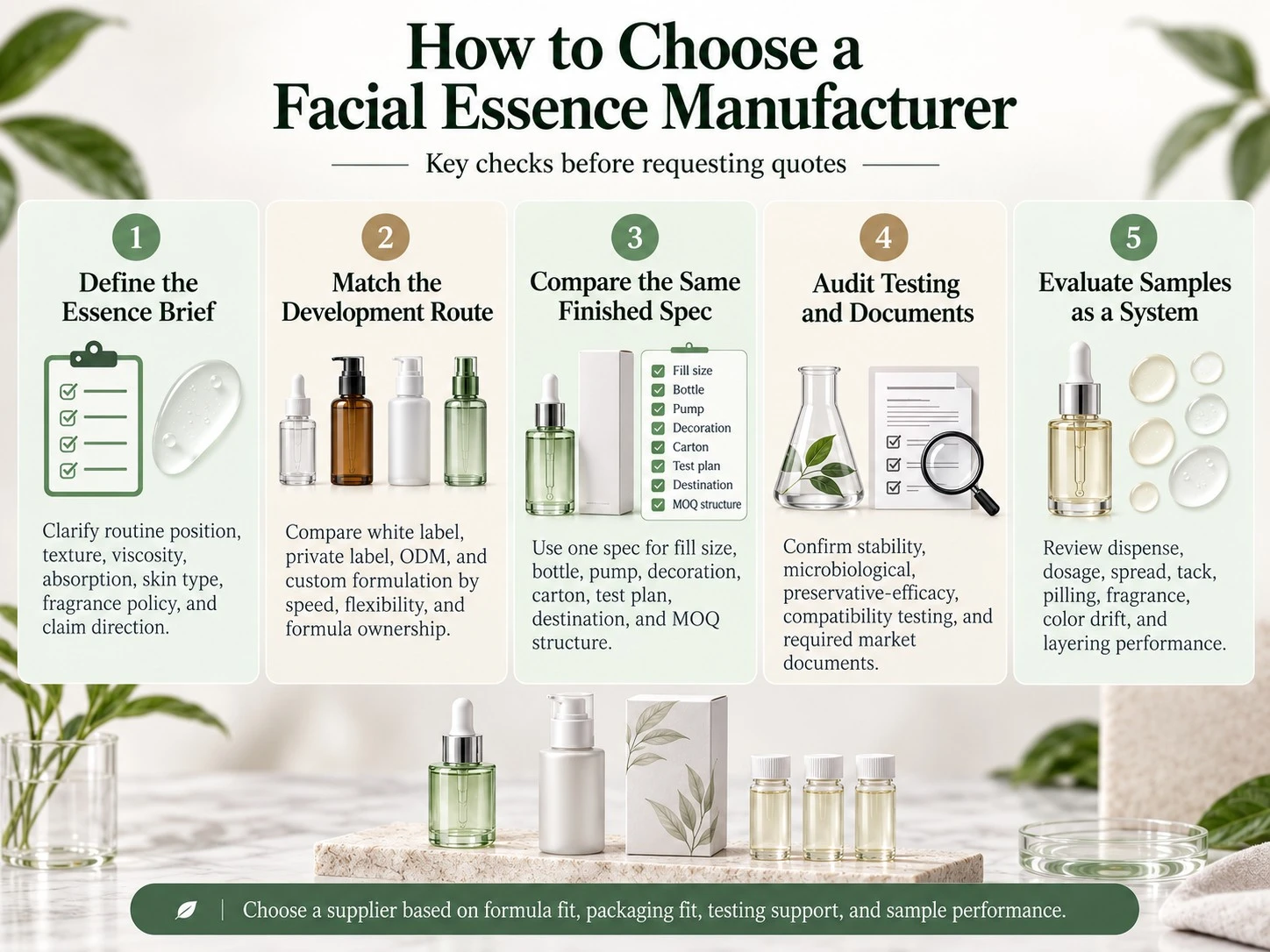 How to Choose a Facial Essence Manufacturer illustration showing essence brief development route finished specs testing and sample review - Zicail Beauty How to Choose a Facial Essence Manufacturer illustration showing essence brief development route finished specs testing and sample review - Top 6 Private Label Facial Essence Manufacturers
