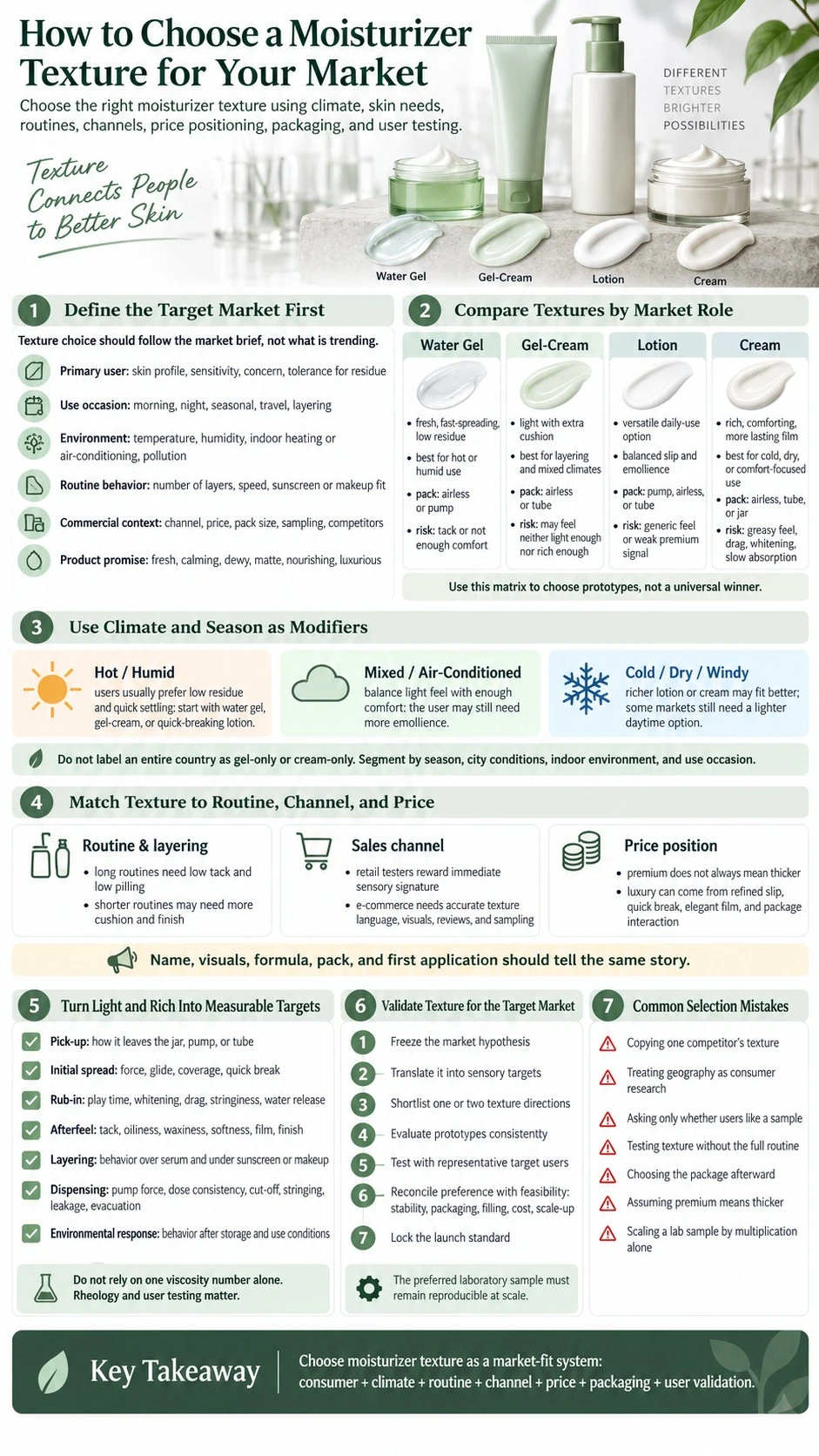 How to Choose a Moisturizer Texture for Your Market infographic covering climate skin needs routines channels price packaging and testing - Zicail Beauty How to Choose a Moisturizer Texture for Your Market infographic covering climate skin needs routines channels price packaging and testing - How to Choose a Moisturizer Texture for Your Market