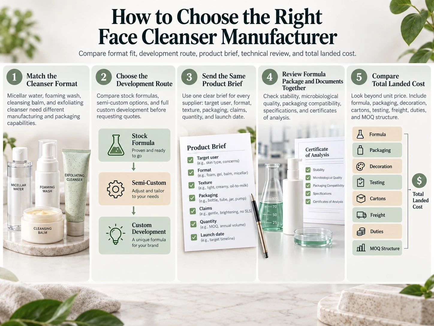 Illustration zur Auswahl des richtigen Herstellers für Gesichtsreiniger mit Format, Entwicklungsweg, Produktbrief, Unterlagen und Einstandskosten - Zicail Beauty How to Choose the Right Face Cleanser Manufacturer illustration showing format route product brief documents and landed cost - Top 10 Private Label Face Cleanser Manufacturers