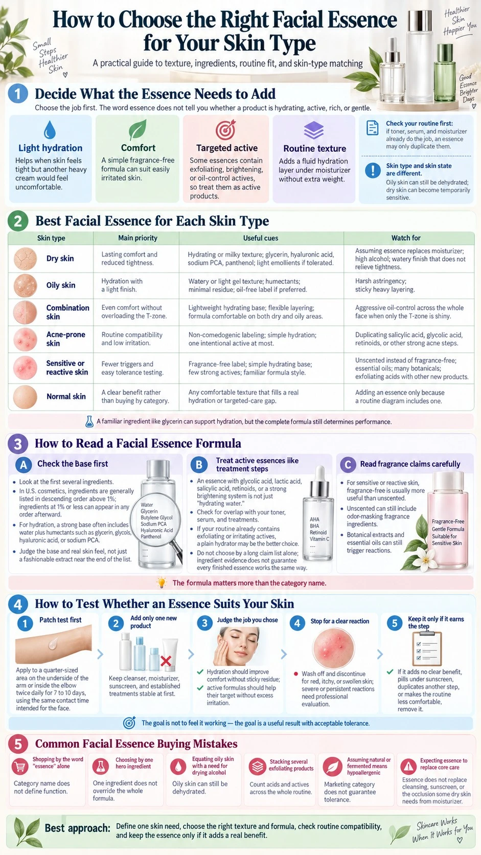 How to Choose the Right Facial Essence for Your Skin Type infographic covering texture ingredients routine fit and skin matching - Zicail Beauty How to Choose the Right Facial Essence for Your Skin Type infographic covering texture ingredients routine fit and skin matching - How to Choose the Right Facial Essence for Your Skin Type