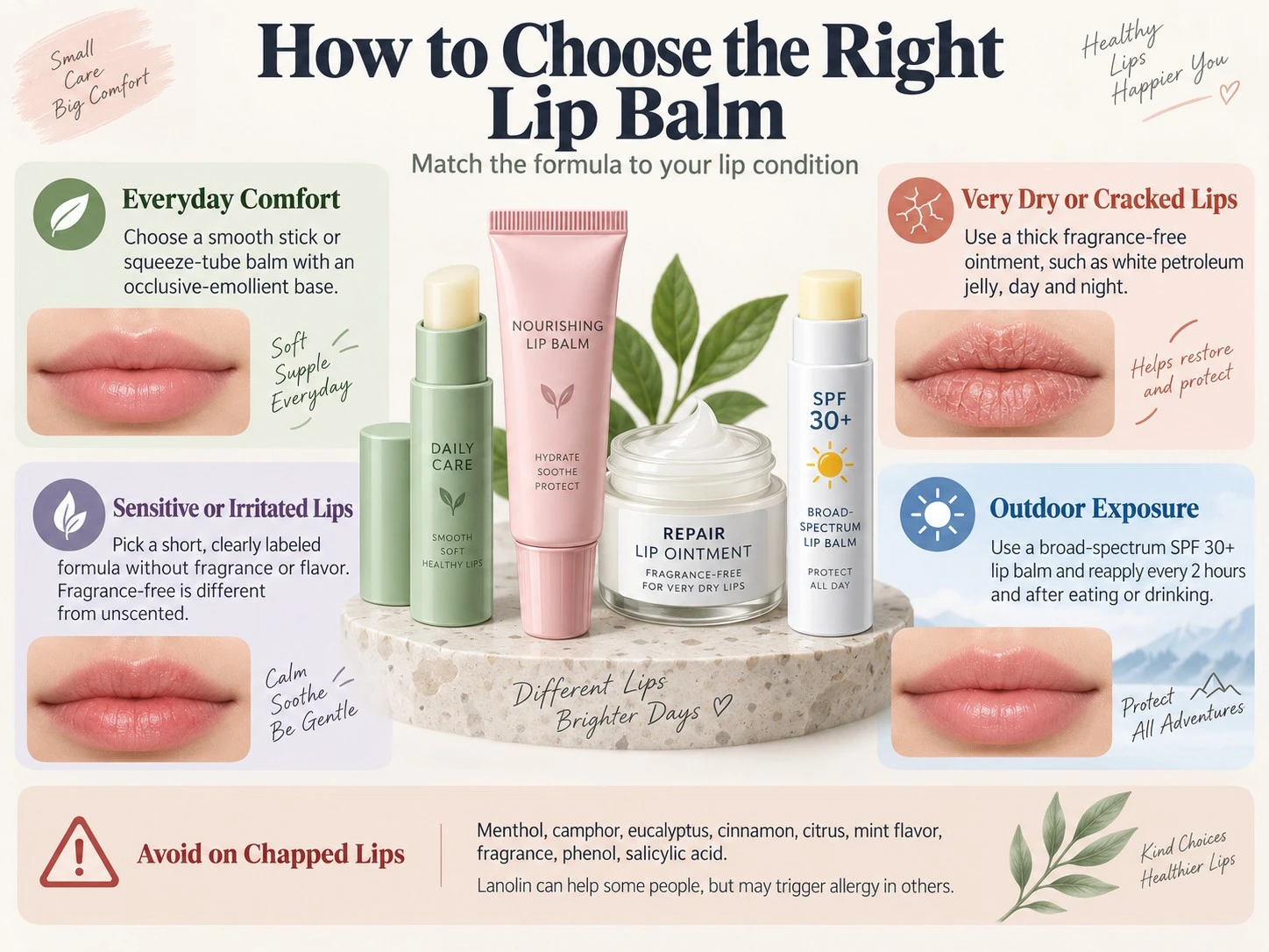 How to Choose the Right Lip Balm illustration showing everyday cracked sensitive and SPF lip balm options - Zicail Beauty How to Choose the Right Lip Balm illustration showing everyday cracked sensitive and SPF lip balm options - What Is Lip Balm and How Does It Work on Dry Lips?