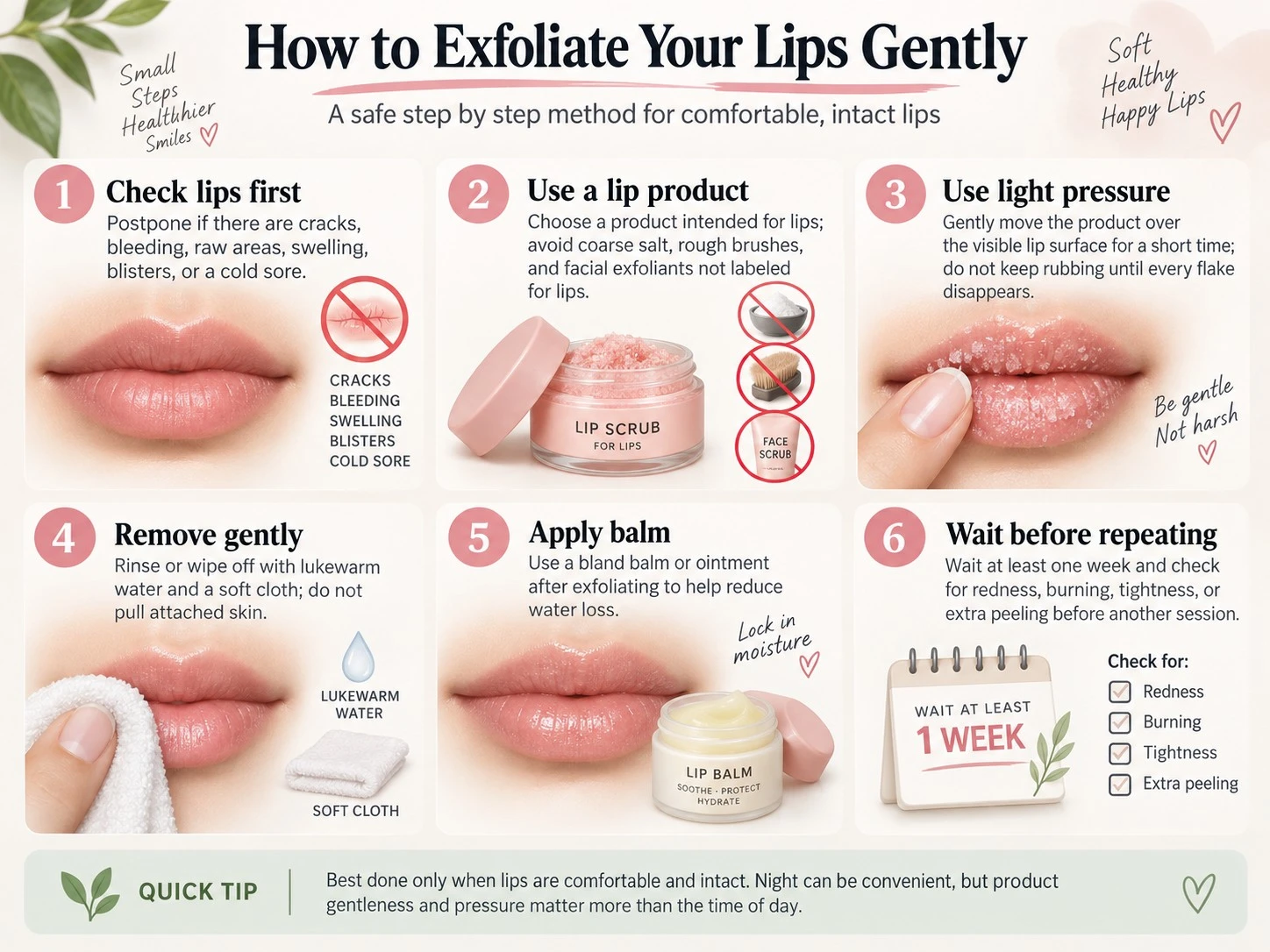 How to Exfoliate Your Lips Gently illustration showing lip check scrub light pressure removal balm and one week wait - Zicail Beauty How to Exfoliate Your Lips Gently illustration showing lip check scrub light pressure removal balm and one week wait - How Often Should You Exfoliate Your Lips? Safe Guide