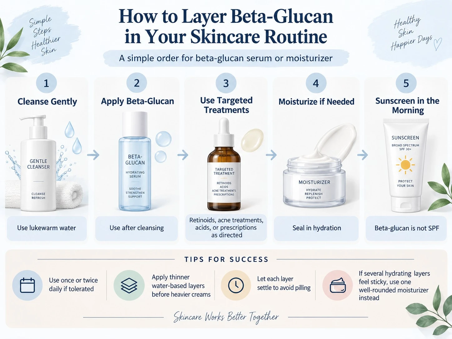 How to Layer Beta Glucan in Your Skincare Routine illustration showing cleanser serum treatment moisturizer and sunscreen - Zicail Beauty How to Layer Beta Glucan in Your Skincare Routine illustration showing cleanser serum treatment moisturizer and sunscreen - Beta-Glucan for Skin: Benefits, Uses and Safety