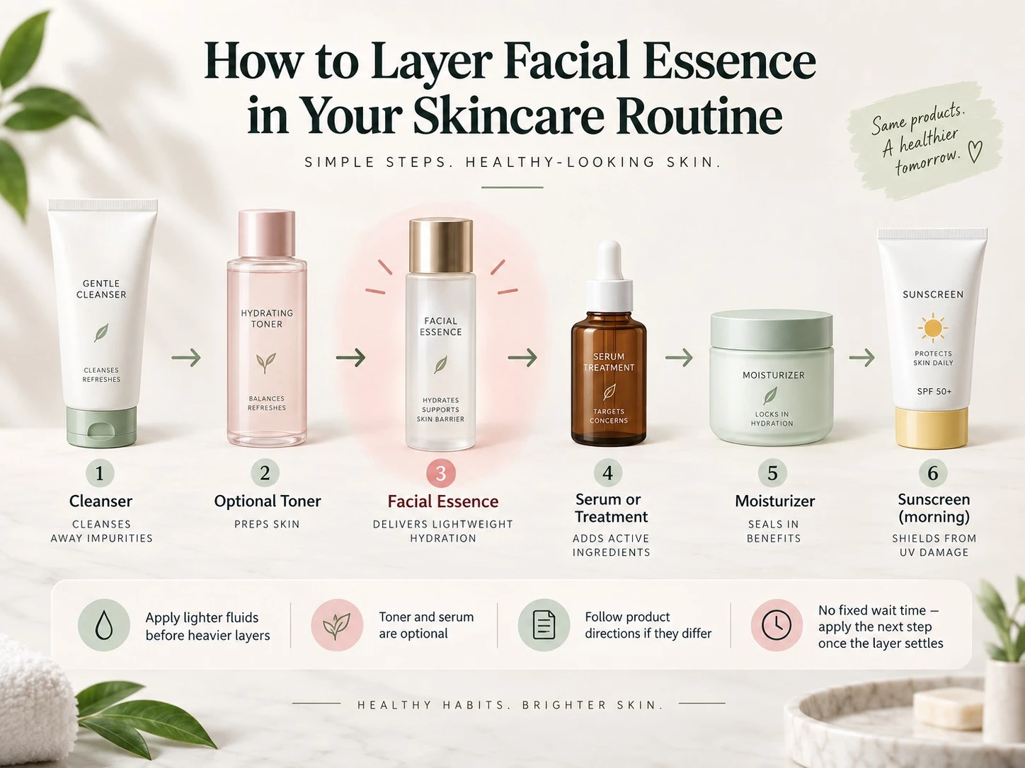 How to Layer Facial Essence in Your Skincare Routine illustration showing cleanser toner essence serum moisturizer and sunscreen - Zicail Beauty How to Layer Facial Essence in Your Skincare Routine illustration showing cleanser toner essence serum moisturizer and sunscreen - How to Use Facial Essence: Order, Amount, and Tips