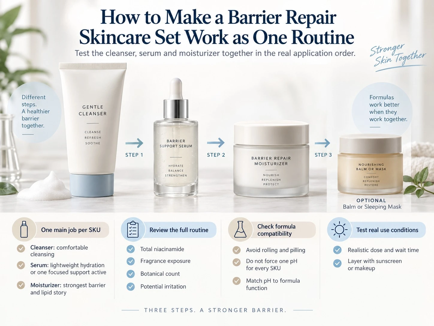 Cómo hacer que un set para el cuidado de la barrera cutánea funcione como una sola rutina con limpiador sérum hidratante y guía de aplicación por capas - Zicail Beauty Cómo hacer que un set para el cuidado de la barrera cutánea funcione como una sola rutina con limpiador sérum hidratante y guía de aplicación por capas - Set de marca privada para el cuidado de la barrera cutánea: guía para marcas