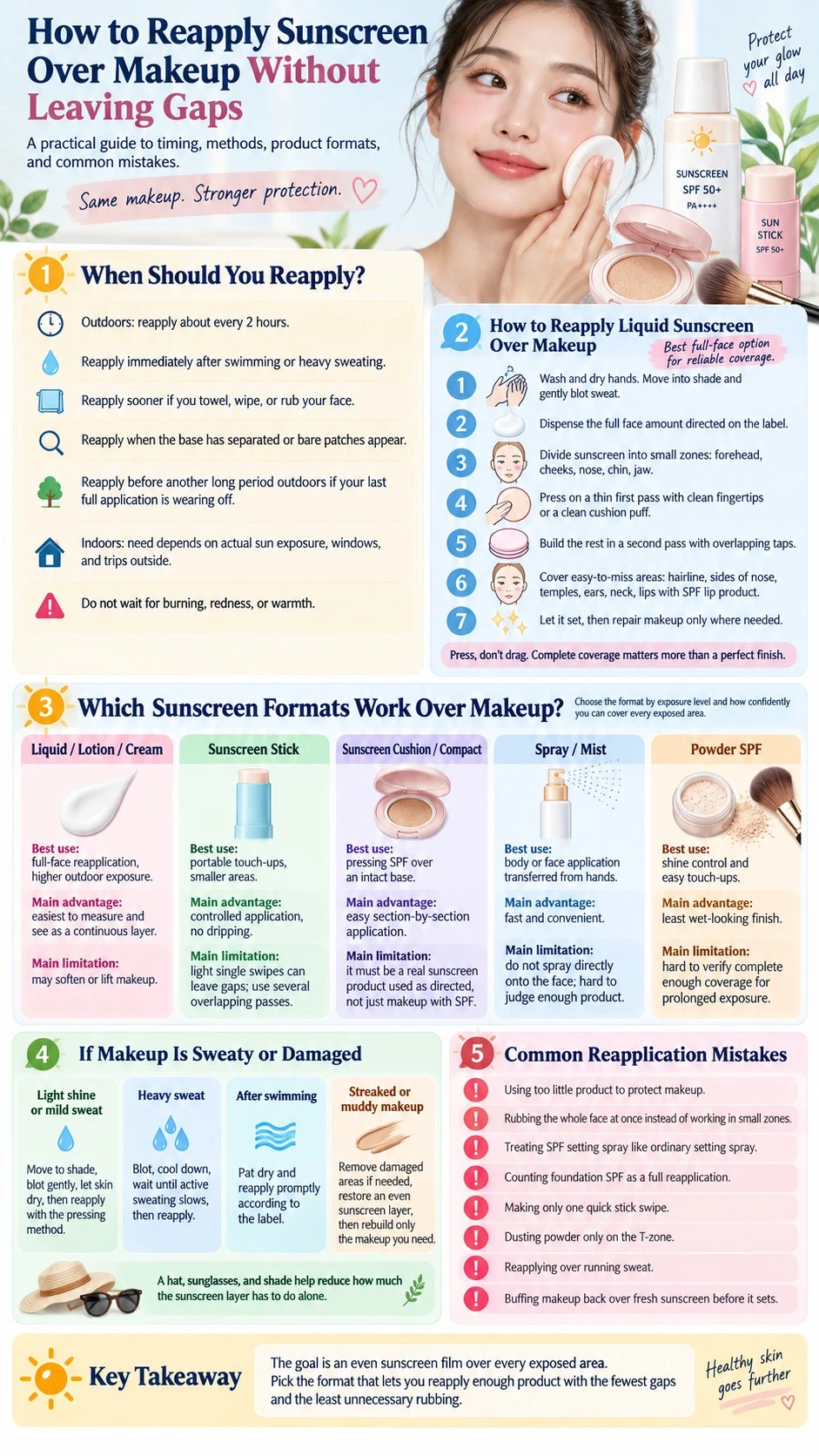 How to Reapply Sunscreen Over Makeup Without Leaving Gaps infographic covering timing formats liquid sunscreen sweat and mistakes - Zicail Beauty How to Reapply Sunscreen Over Makeup Without Leaving Gaps infographic covering timing formats liquid sunscreen sweat and mistakes - How to Reapply Sunscreen Over Makeup Without Leaving Gaps