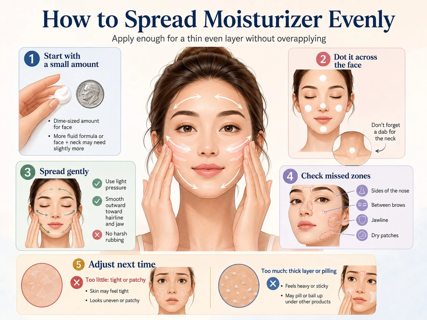 How to Spread Moisturizer Evenly illustration showing dime amount face dots missed zones and overapplication - Zicail Beauty How to Spread Moisturizer Evenly illustration showing dime amount face dots missed zones and overapplication - How Much Moisturizer Should You Use? Face Amount Guide