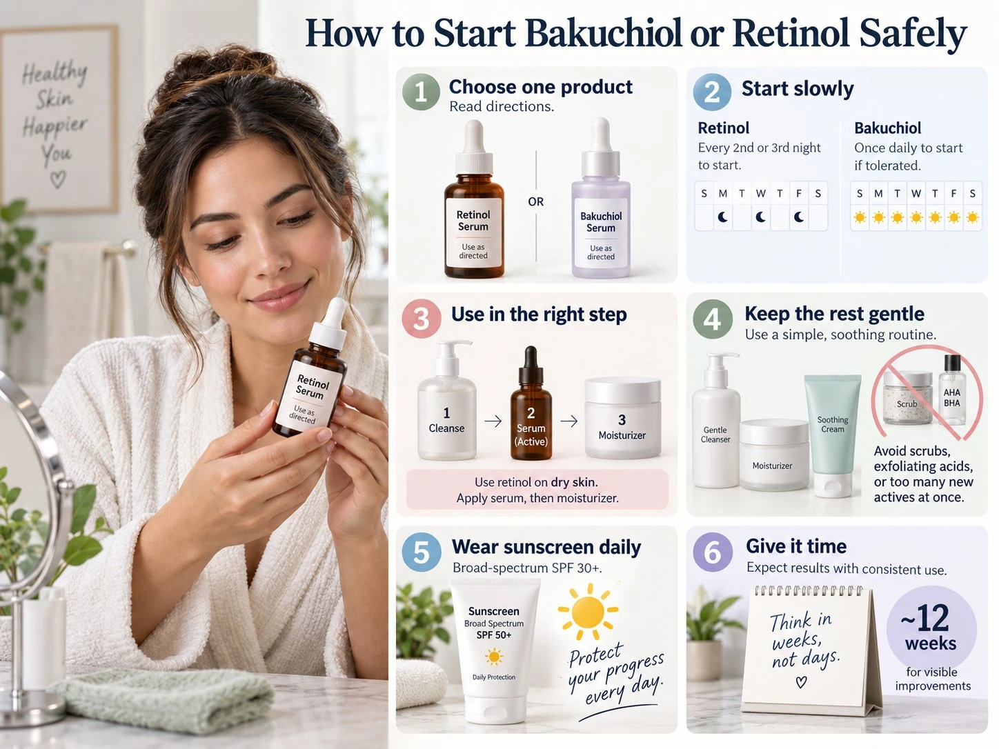 How to Start Bakuchiol or Retinol Safely illustration showing slow introduction routine order gentle skincare and sunscreen - Zicail Beauty How to Start Bakuchiol or Retinol Safely illustration showing slow introduction routine order gentle skincare and sunscreen - Bakuchiol vs Retinol: Benefits, Results and Side Effects