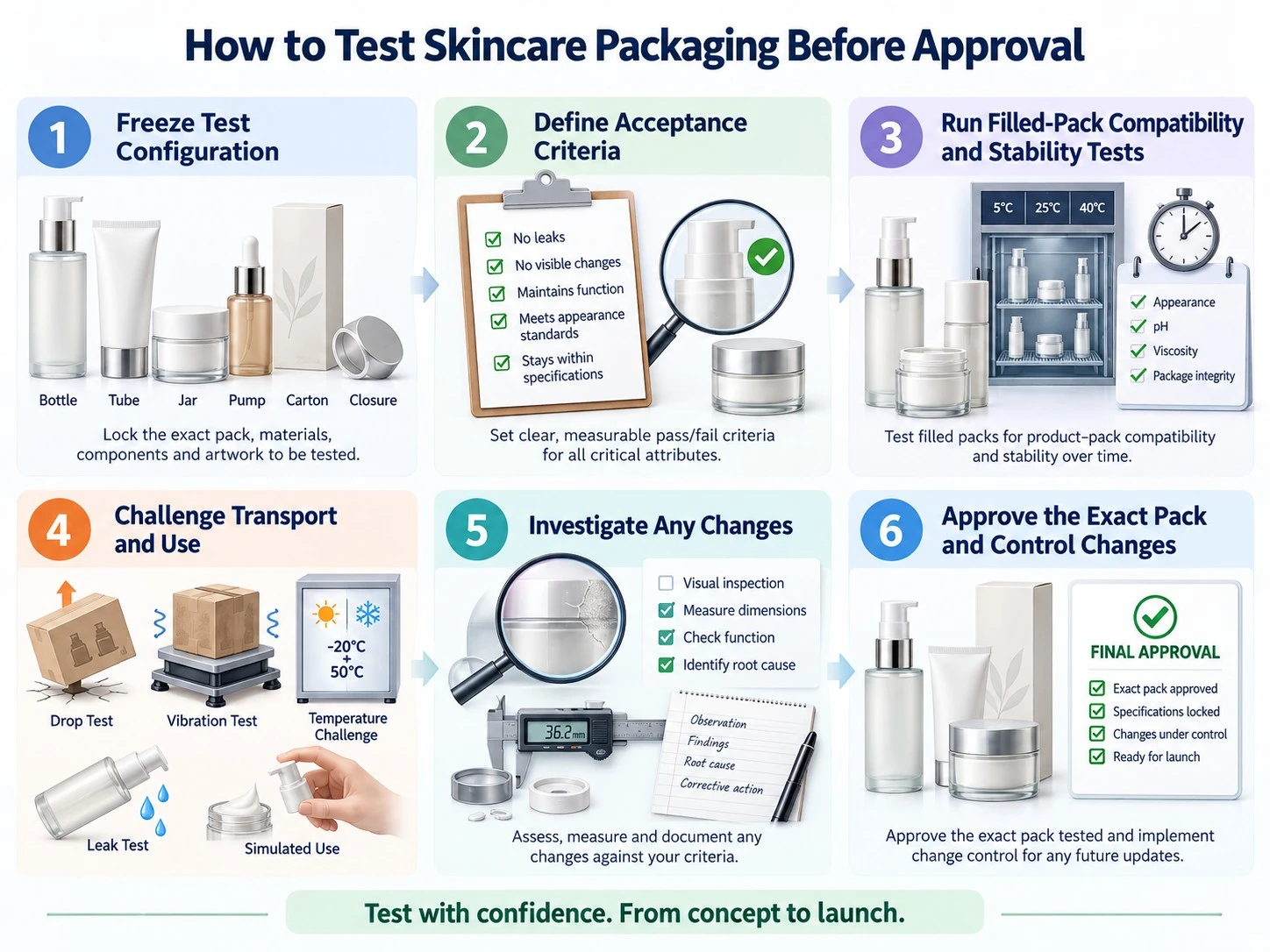 How to Test Skincare Packaging Before Approval six step compatibility stability and transport testing guide - Zicail Beauty How to Test Skincare Packaging Before Approval six step compatibility stability and transport testing guide - PET vs PP vs PE vs Glass Skincare Packaging Materials