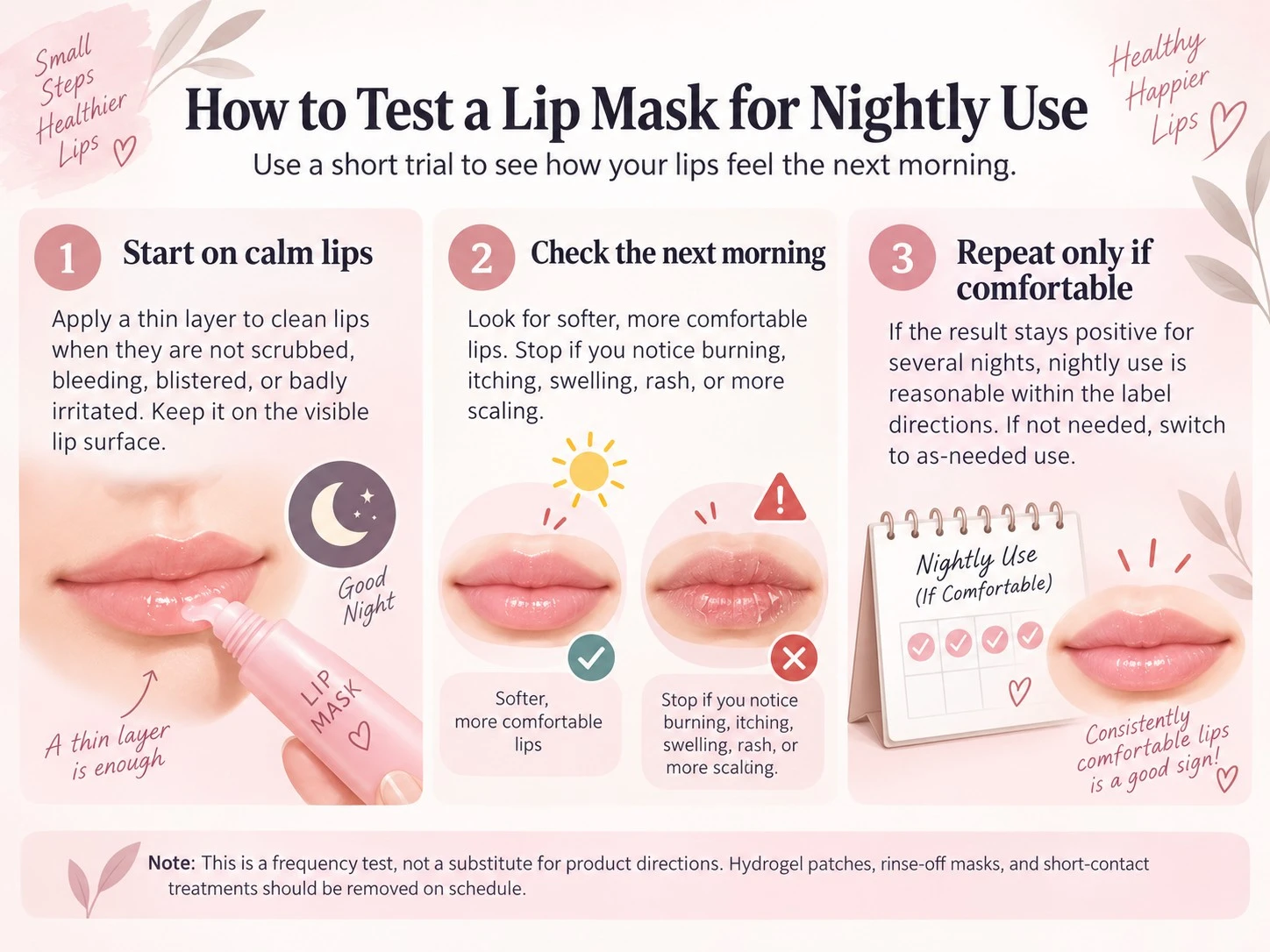 Como testar uma máscara labial para uso noturno ilustração mostrando lábios sem irritação avaliação pela manhã e repetição apenas se confortável - Zicail Beauty Como testar uma máscara labial para uso noturno ilustração mostrando lábios sem irritação avaliação pela manhã e repetição apenas se confortável - Pode Usar uma Máscara Labial Todas as Noites? Guia de Uso Seguro