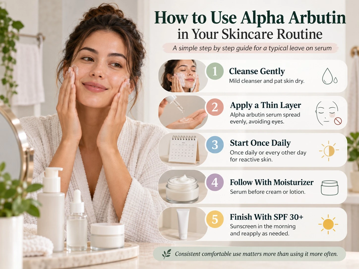 How to Use Alpha Arbutin in Your Skincare Routine illustration showing cleanse serum moisturizer sunscreen and consistent use - Zicail Beauty How to Use Alpha Arbutin in Your Skincare Routine illustration showing cleanse serum moisturizer sunscreen and consistent use - Alpha Arbutin for Skin: Benefits, Uses & Side Effects