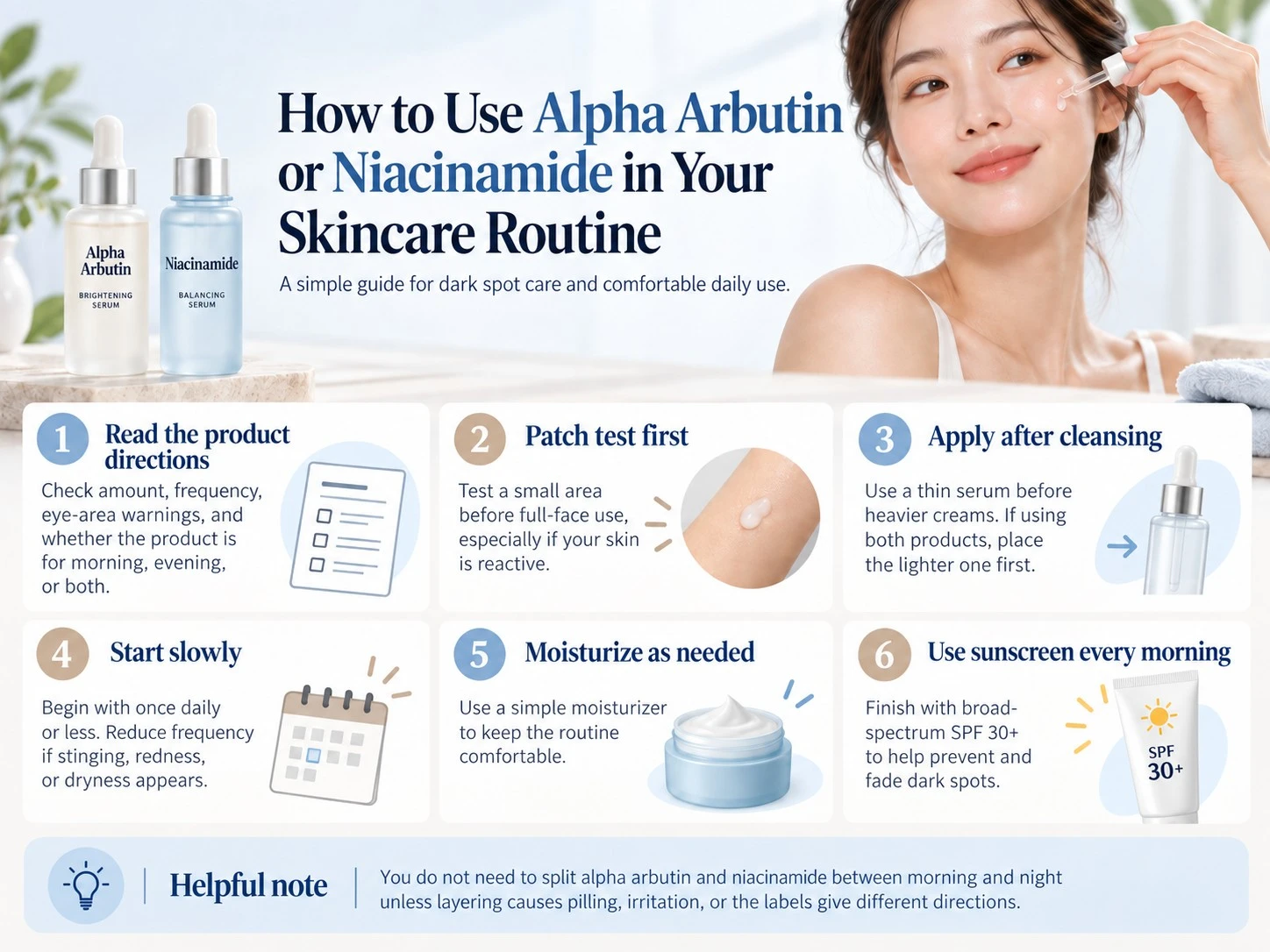 How to Use Alpha Arbutin or Niacinamide in Your Skincare Routine illustration showing patch test moisturizer and sunscreen - Zicail Beauty How to Use Alpha Arbutin or Niacinamide in Your Skincare Routine illustration showing patch test moisturizer and sunscreen - Alpha Arbutin vs Niacinamide: Which Should You Use?