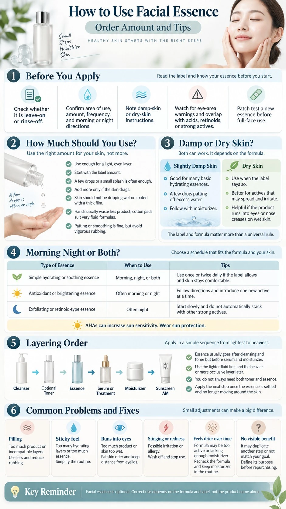 How to Use Facial Essence Order Amount and Tips infographic covering label amount timing layering and fixes - Zicail Beauty How to Use Facial Essence Order Amount and Tips infographic covering label amount timing layering and fixes - How to Use Facial Essence: Order, Amount, and Tips
