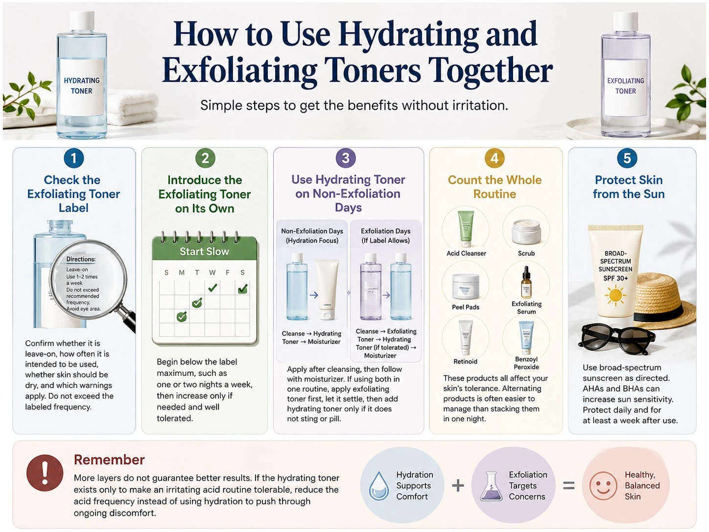How to Use Hydrating and Exfoliating Toners Together illustration showing label check schedule active routine and sun protection - Zicail Beauty How to Use Hydrating and Exfoliating Toners Together illustration showing label check schedule active routine and sun protection - Hydrating Toner vs Exfoliating Toner: Which Is Better?