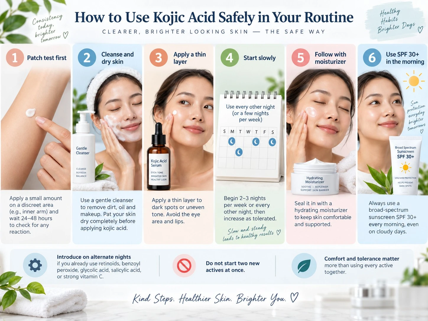 How to Use Kojic Acid Safely in Your Routine illustration showing patch test slow use moisturizer and SPF - Zicail Beauty How to Use Kojic Acid Safely in Your Routine illustration showing patch test slow use moisturizer and SPF - Kojic Acid for Skin: Benefits, Use, and Side Effects