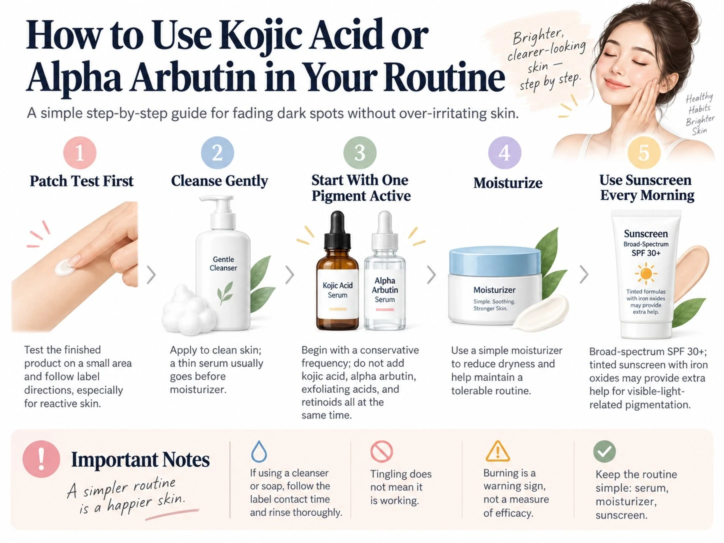 How to Use Kojic Acid or Alpha Arbutin in Your Routine illustration showing patch test cleanser active moisturizer sunscreen - Zicail Beauty How to Use Kojic Acid or Alpha Arbutin in Your Routine illustration showing patch test cleanser active moisturizer sunscreen - Kojic Acid vs Alpha Arbutin for Dark Spots