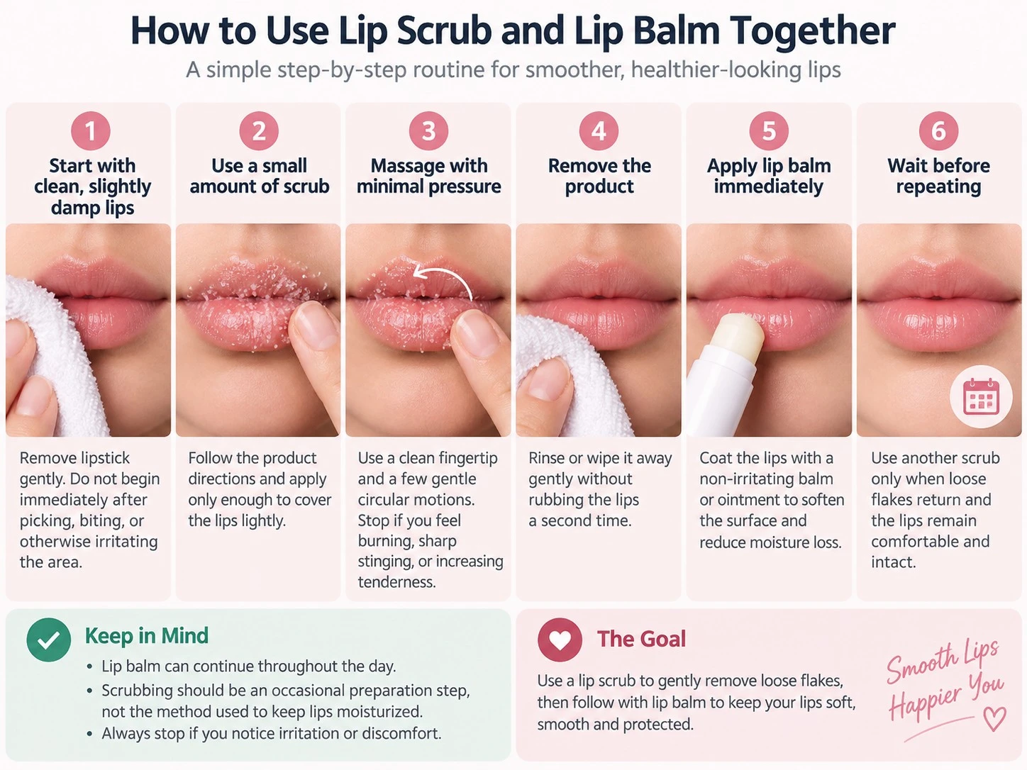 How to Use Lip Scrub and Lip Balm Together illustration showing gentle scrub removal balm and repeat timing - Zicail Beauty How to Use Lip Scrub and Lip Balm Together illustration showing gentle scrub removal balm and repeat timing - Lip Scrub vs Lip Balm: Differences and When to Use Each