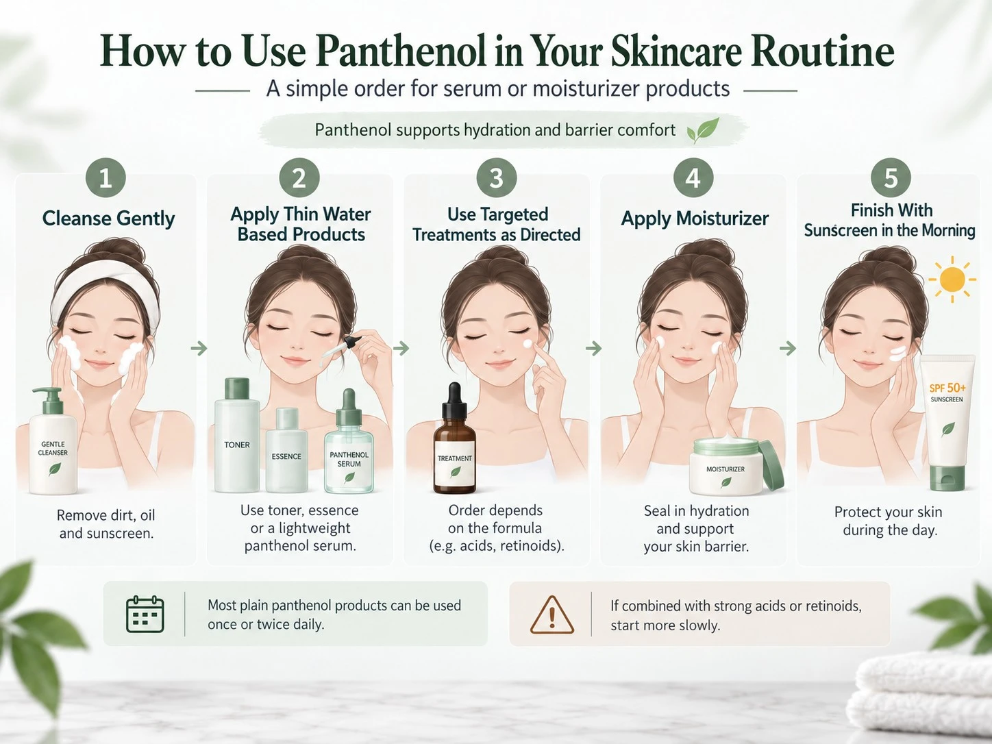 How to Use Panthenol in Your Skincare Routine illustration showing cleanse serum treatments moisturizer and sunscreen - Zicail Beauty How to Use Panthenol in Your Skincare Routine illustration showing cleanse serum treatments moisturizer and sunscreen - Panthenol for Skin: Benefits, Uses, and Side Effects