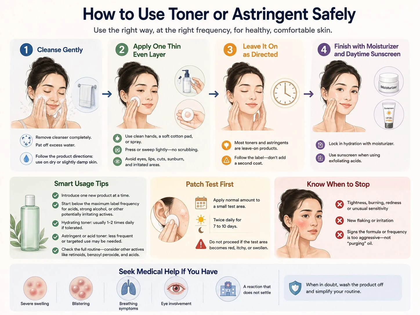 How to Use Toner or Astringent Safely illustration showing thin layer moisturizer sunscreen patch testing and stop signs - Zicail Beauty How to Use Toner or Astringent Safely illustration showing thin layer moisturizer sunscreen patch testing and stop signs - Toner vs Astringent: Which Is Better for Your Skin?