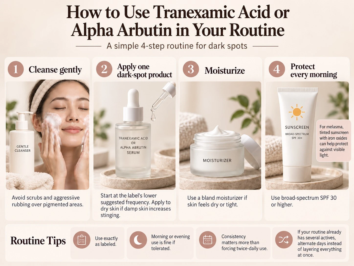 How to Use Tranexamic Acid or Alpha Arbutin in Your Routine four step dark spot skincare illustration - Zicail Beauty How to Use Tranexamic Acid or Alpha Arbutin in Your Routine four step dark spot skincare illustration - Tranexamic Acid vs Alpha Arbutin: Dark Spot Guide