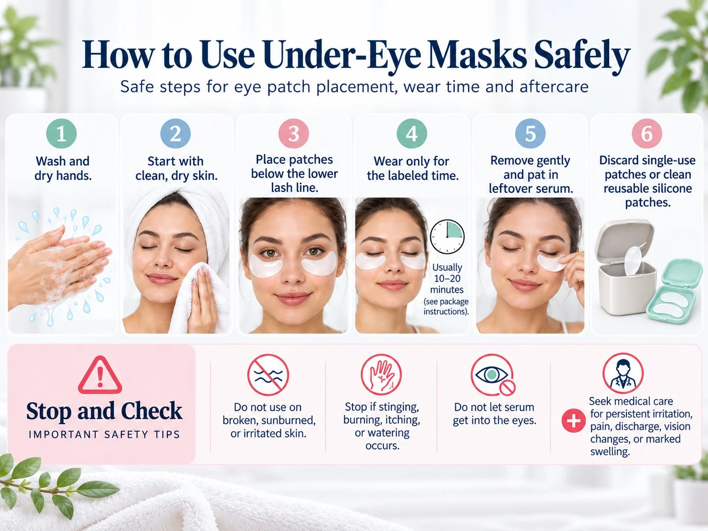 How to Use Under Eye Masks Safely illustration showing patch placement wear time aftercare and irritation warnings - Zicail Beauty How to Use Under Eye Masks Safely illustration showing patch placement wear time aftercare and irritation warnings - Do Under-Eye Masks Work? Benefits, Limits and Tips