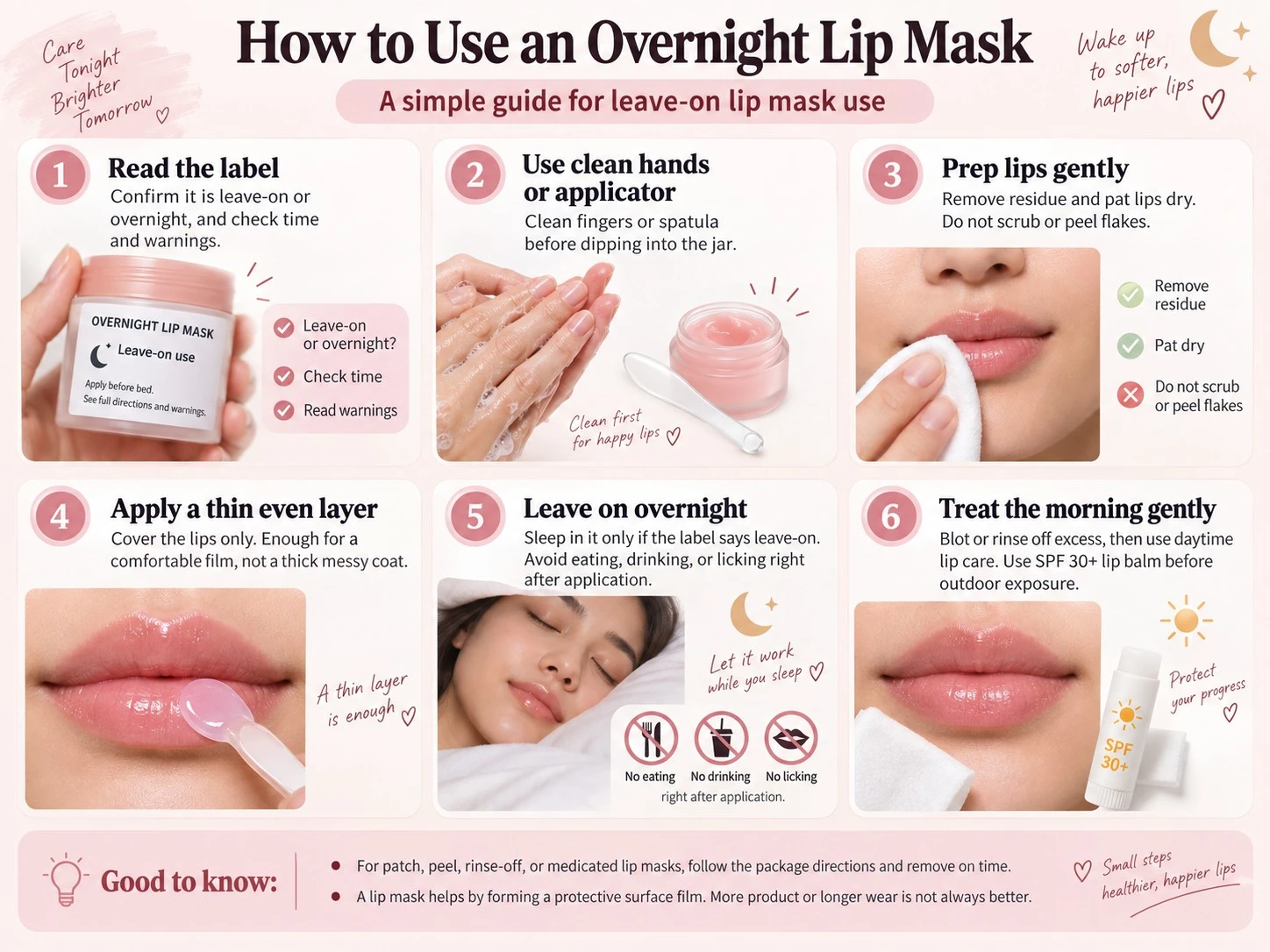 How to Use an Overnight Lip Mask illustration showing label clean hands thin layer wear time and morning care - Zicail Beauty How to Use an Overnight Lip Mask illustration showing label clean hands thin layer wear time and morning care - How to Use a Lip Mask and How Often You Should Apply It