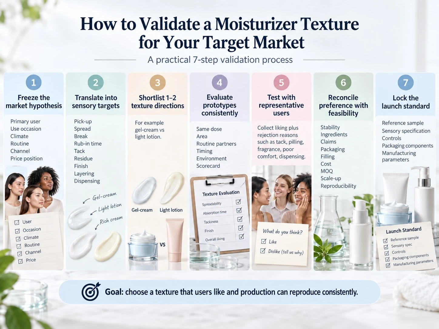 How to Validate a Moisturizer Texture for Your Target Market illustration showing hypothesis targets prototypes users feasibility and launch standard - Zicail Beauty How to Validate a Moisturizer Texture for Your Target Market illustration showing hypothesis targets prototypes users feasibility and launch standard - How to Choose a Moisturizer Texture for Your Market