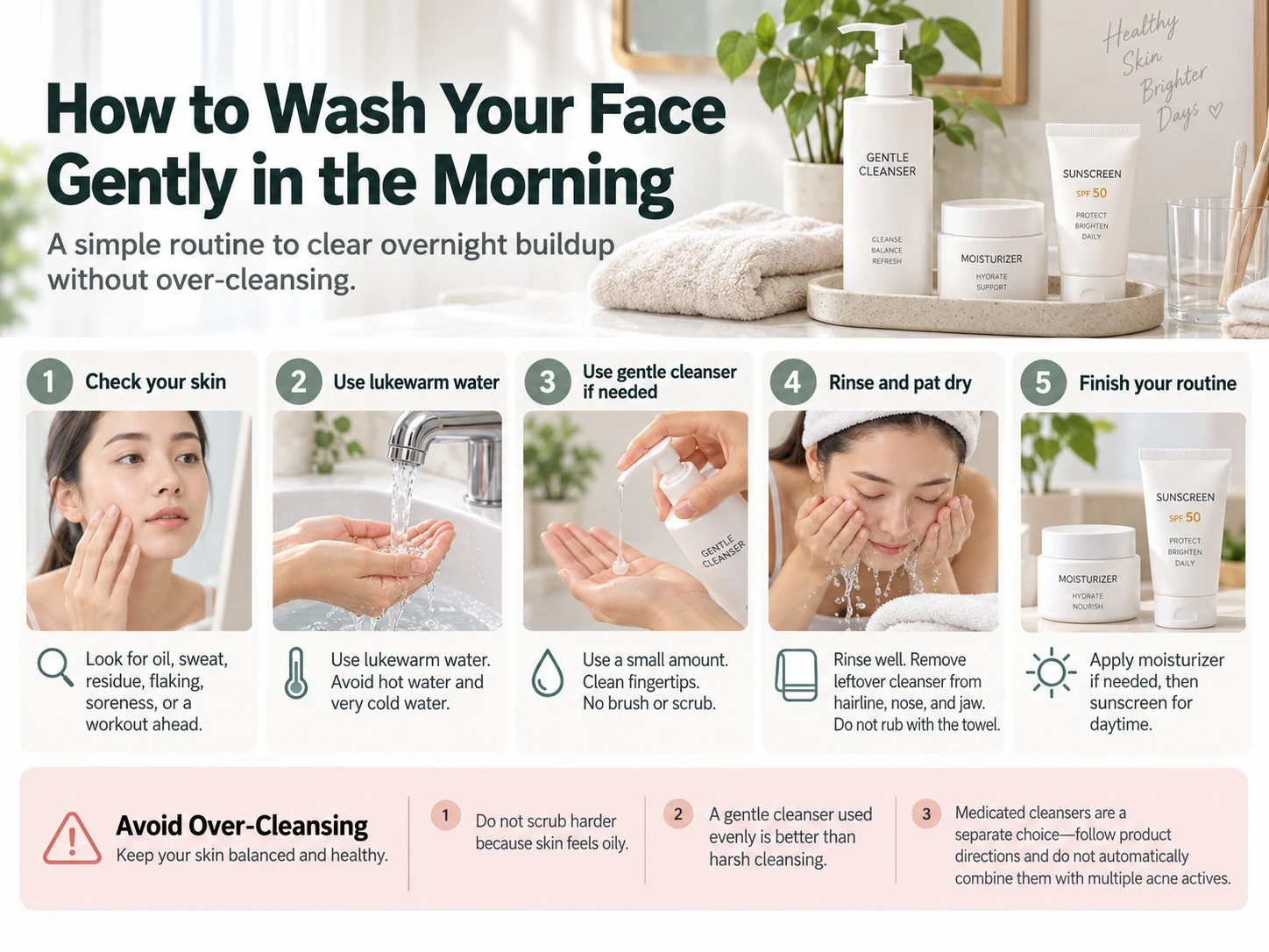 How to Wash Your Face Gently in the Morning illustration showing lukewarm water cleanser pat dry and sunscreen - Zicail Beauty How to Wash Your Face Gently in the Morning illustration showing lukewarm water cleanser pat dry and sunscreen - Should You Wash Your Face in the Morning? Skin Guide