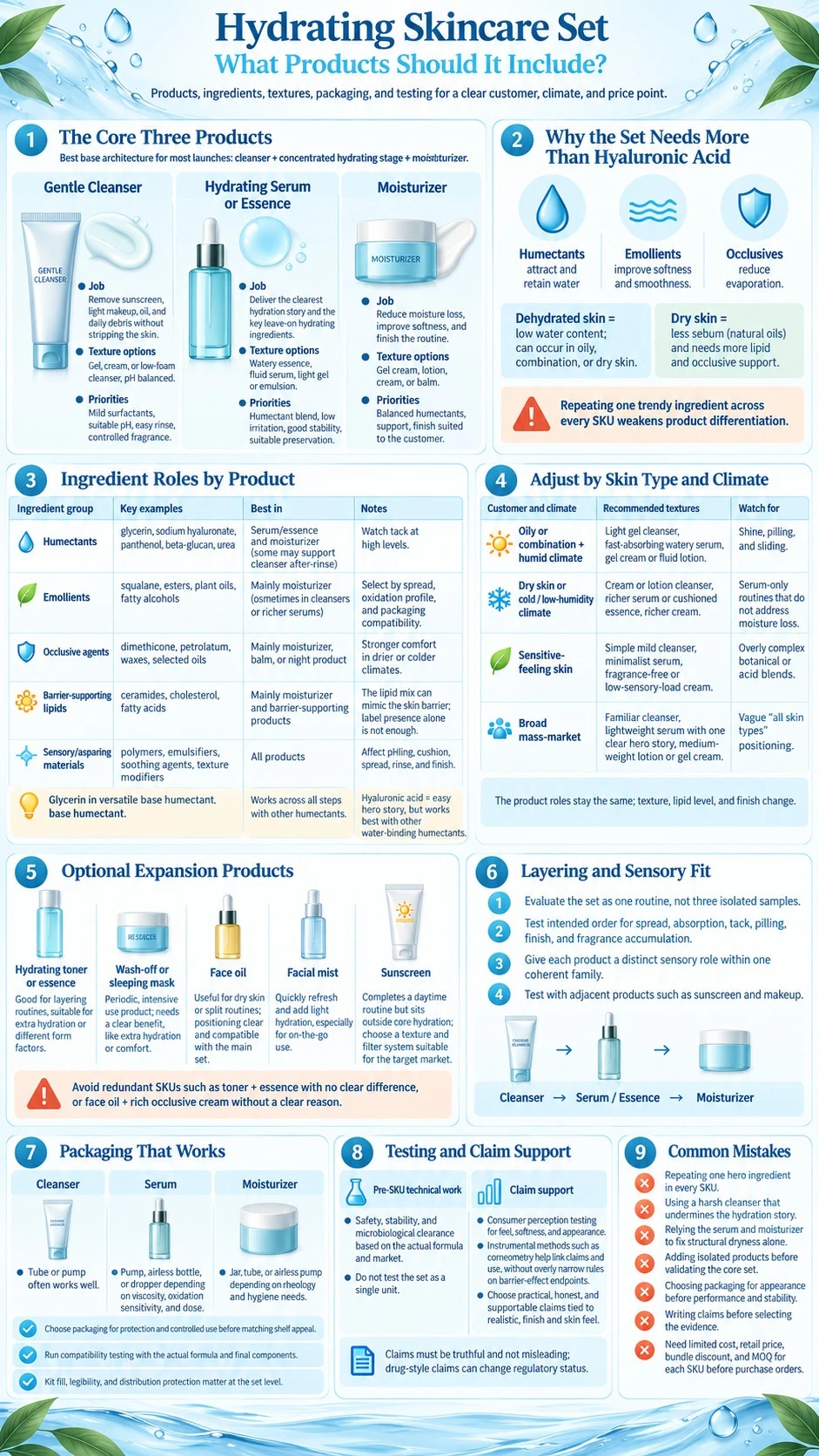 Hydrating Skincare Set What Products Should It Include ingredients textures packaging climate testing and claim support infographic - Zicail Beauty Hydrating Skincare Set What Products Should It Include ingredients textures packaging climate testing and claim support infographic - Hydrating Skincare Set: What Products Should It Include?
