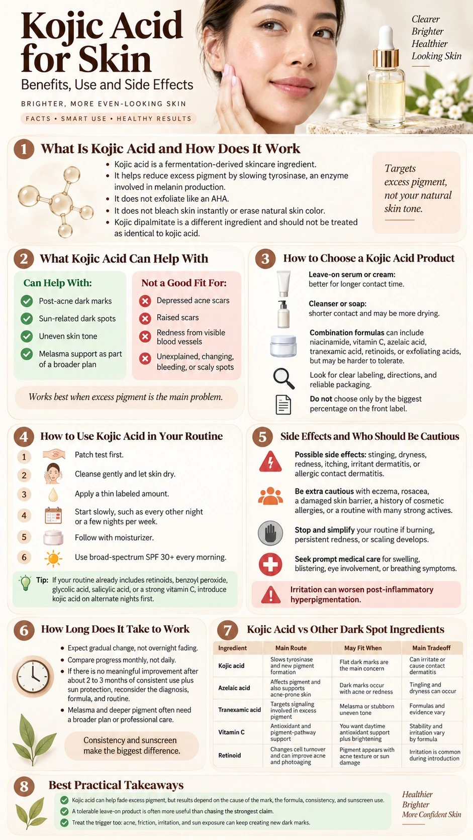 Kojic Acid for Skin Benefits Use and Side Effects infographic covering dark spots routine safety timeline and ingredient comparisons - Zicail Beauty Kojic Acid for Skin Benefits Use and Side Effects infographic covering dark spots routine safety timeline and ingredient comparisons - Kojic Acid for Skin: Benefits, Use, and Side Effects