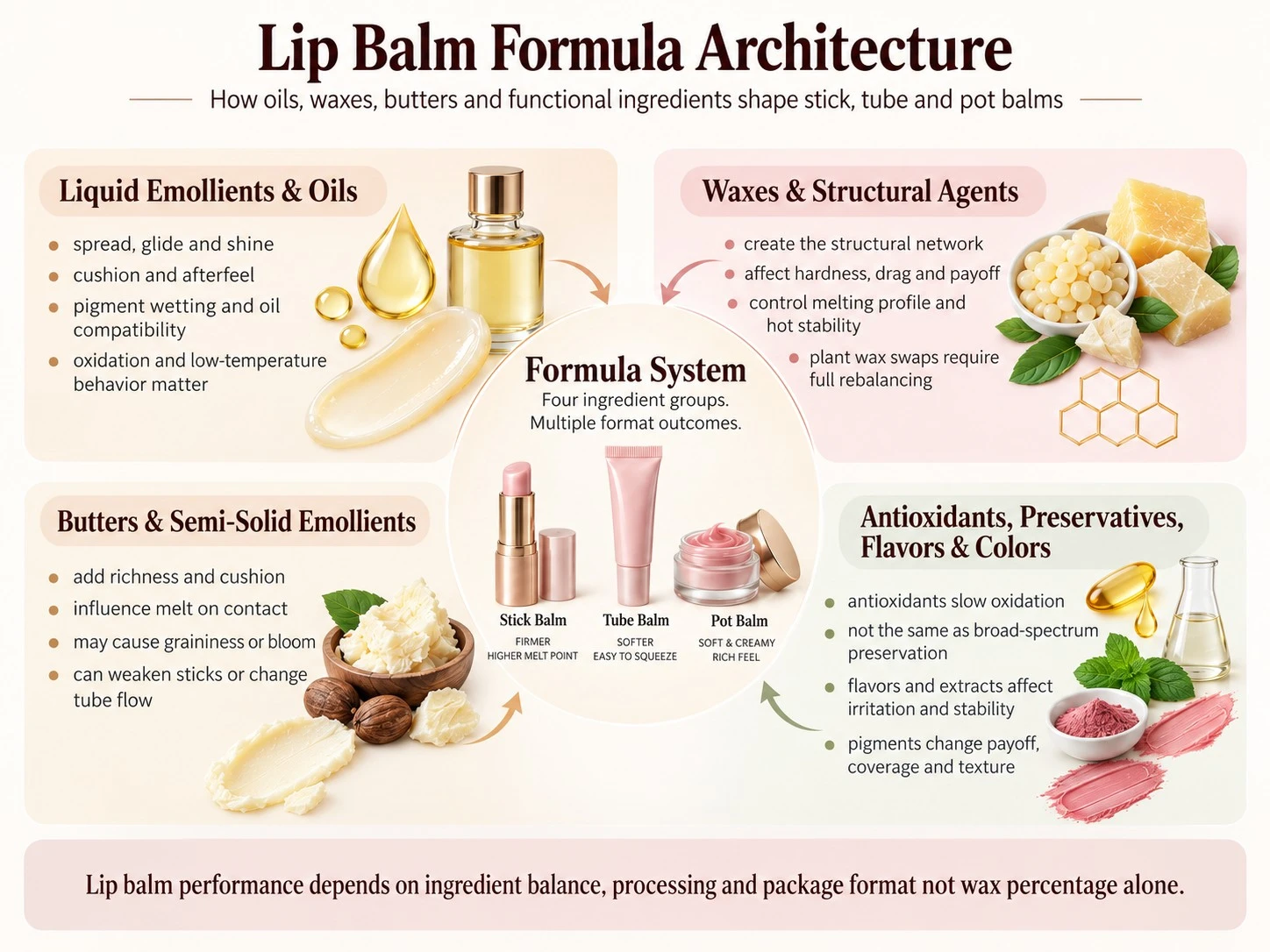 Lip Balm Formula Architecture oils waxes butters and functional ingredients illustration - Zicail Beauty Lip Balm Formula Architecture oils waxes butters and functional ingredients illustration - Lip Balm Formulation Guide: Stick, Tube and Pot