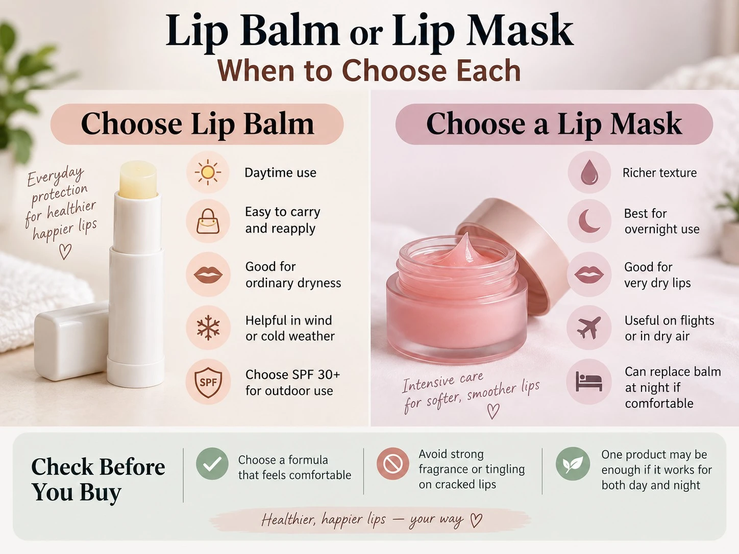 Lip Balm or Lip Mask When to Choose Each illustration showing daytime balm overnight mask SPF and dryness use - Zicail Beauty Lip Balm or Lip Mask When to Choose Each illustration showing daytime balm overnight mask SPF and dryness use - Lip Balm vs Lip Mask: Differences and How to Choose