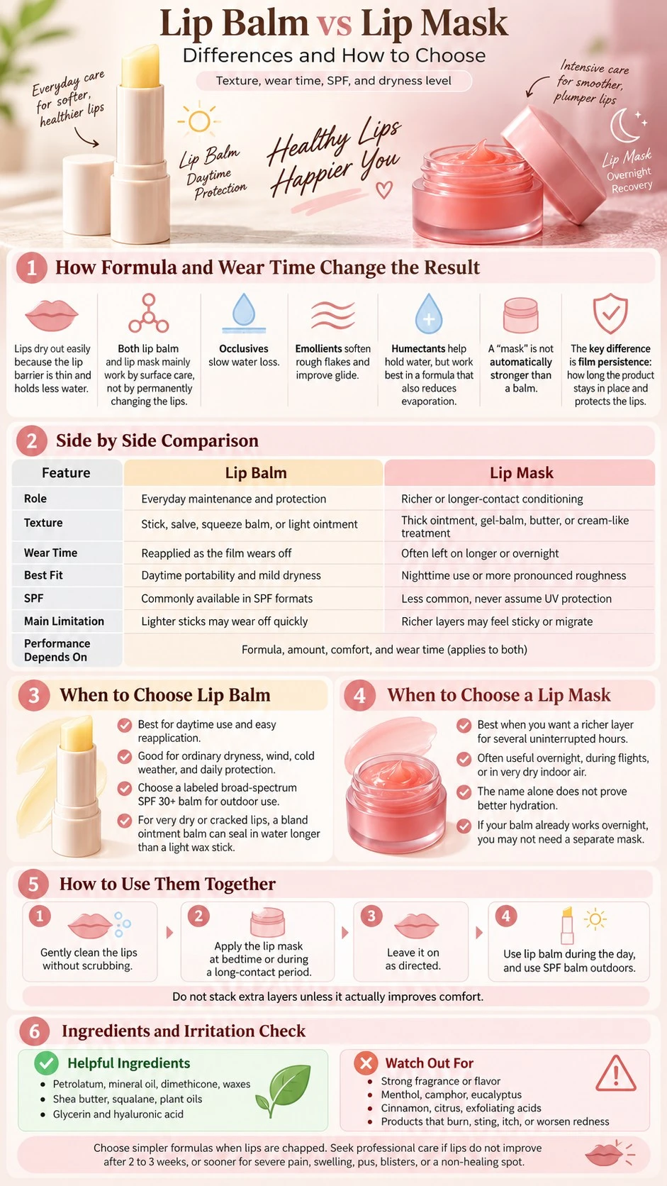 Lip Balm vs Lip Mask Differences and How to Choose infographic covering texture wear time SPF dryness and irritation - Zicail Beauty Lip Balm vs Lip Mask Differences and How to Choose infographic covering texture wear time SPF dryness and irritation - Lip Balm vs Lip Mask: Differences and How to Choose