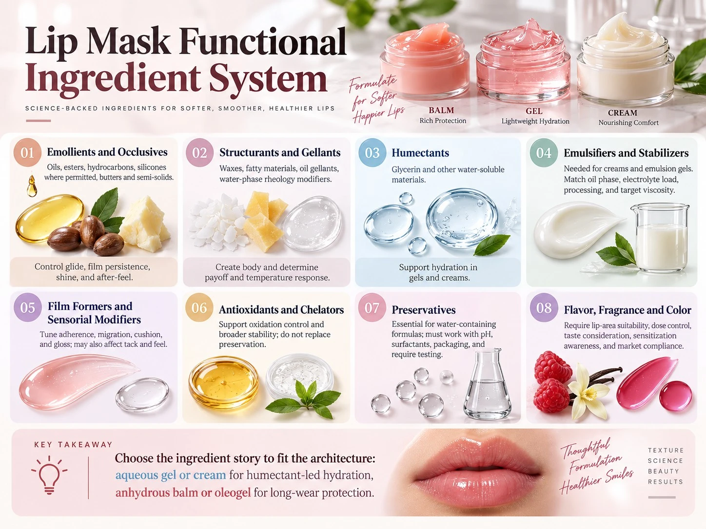 Lip Mask Functional Ingredient System emollients humectants stabilizers preservatives and sensorial modifiers guide - Zicail Beauty Lip Mask Functional Ingredient System emollients humectants stabilizers preservatives and sensorial modifiers guide - Lip Mask Formulation Guide: Balm, Gel and Cream Textures