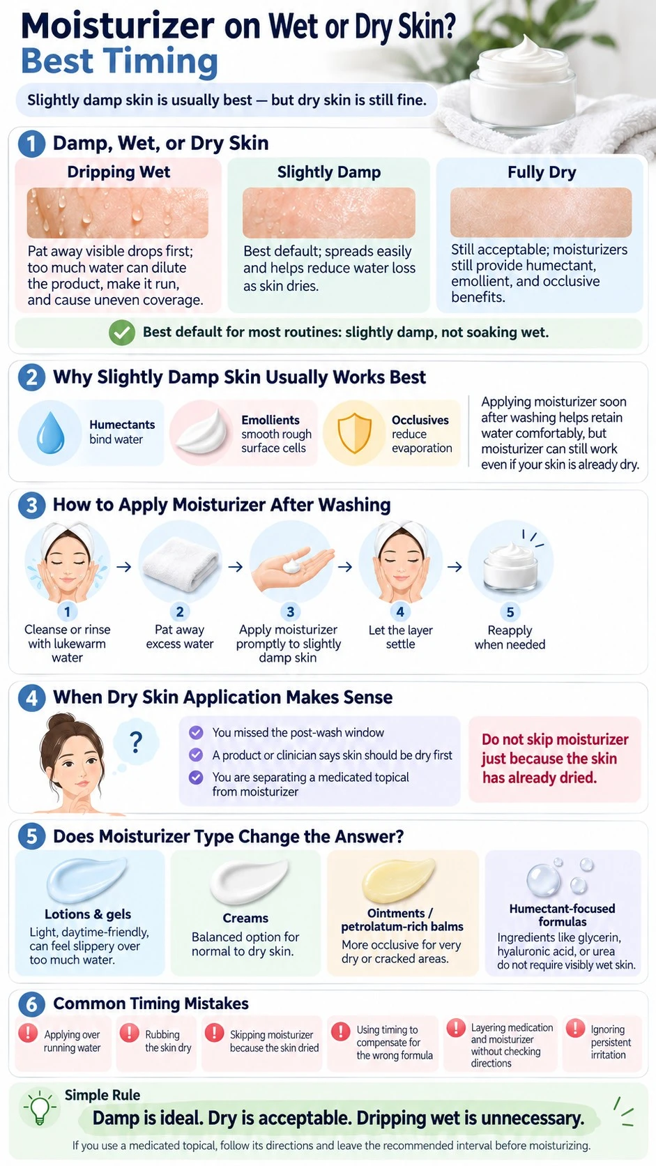 Moisturizer on Wet or Dry Skin Best Timing infographic comparing damp wet and dry skin application timing - Zicail Beauty Moisturizer on Wet or Dry Skin Best Timing infographic comparing damp wet and dry skin application timing - Moisturizer on Wet or Dry Skin? Best Timing