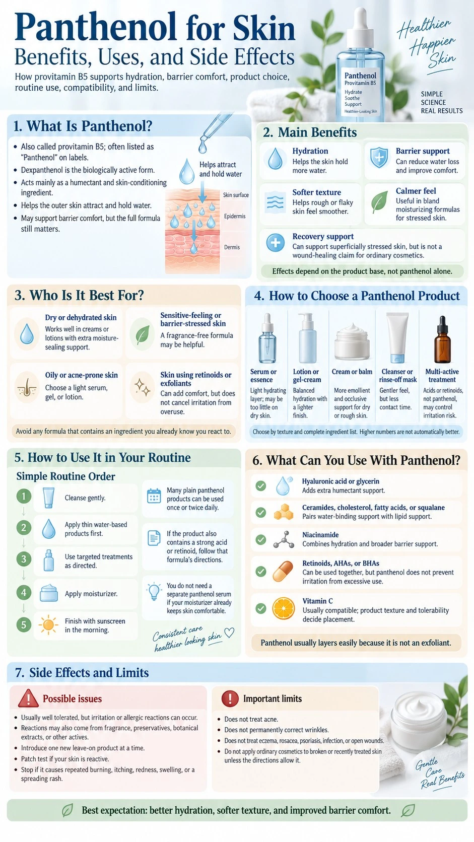 Panthenol for Skin Benefits Uses and Side Effects infographic covering hydration barrier comfort product choice routine pairings and limits - Zicail Beauty Panthenol for Skin Benefits Uses and Side Effects infographic covering hydration barrier comfort product choice routine pairings and limits - Panthenol for Skin: Benefits, Uses, and Side Effects