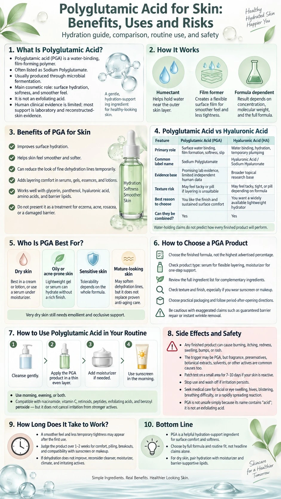 Polyglutamic Acid for Skin Benefits Uses and Risks hydration comparison routine and safety infographic - Zicail Beauty Polyglutamic Acid for Skin Benefits Uses and Risks hydration comparison routine and safety infographic - Polyglutamic Acid for Skin: Benefits, Uses and Risks
