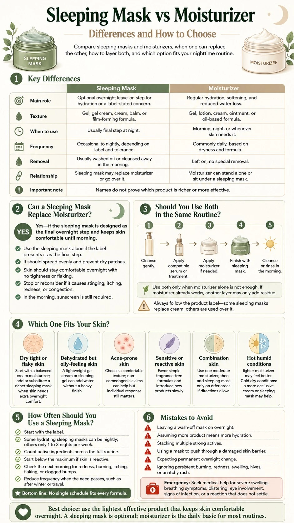 Sleeping Mask vs Moisturizer Differences and How to Choose infographic covering replacement layering skin fit frequency and mistakes - Zicail Beauty Sleeping Mask vs Moisturizer Differences and How to Choose infographic covering replacement layering skin fit frequency and mistakes - Sleeping Mask vs Moisturizer: Differences and How to Choose