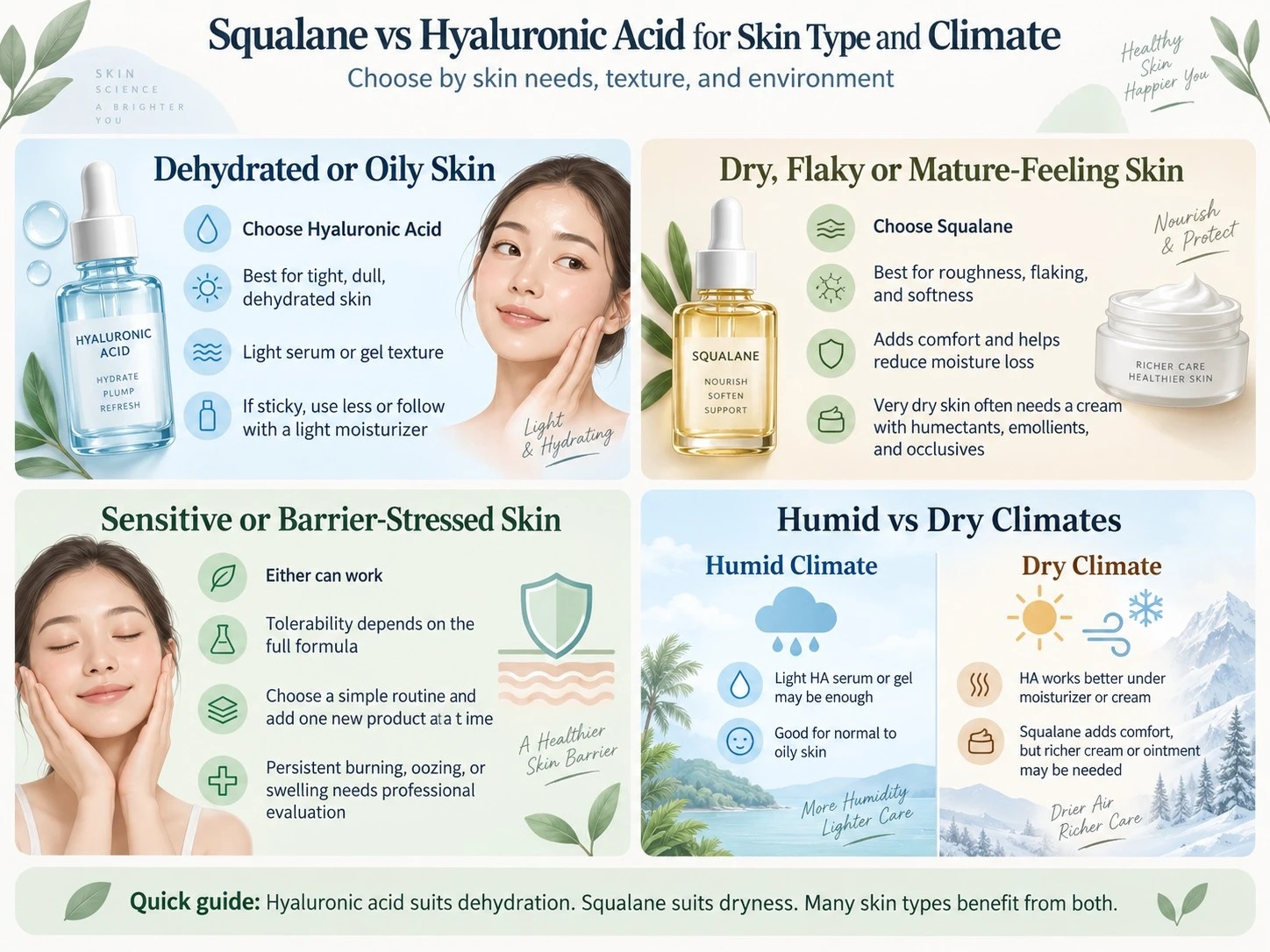 Squalane vs Hyaluronic Acid for Skin Type and Climate comparison guide - Zicail Beauty Squalane vs Hyaluronic Acid for Skin Type and Climate comparison guide - Squalane vs Hyaluronic Acid: Which Is Better for Skin?
