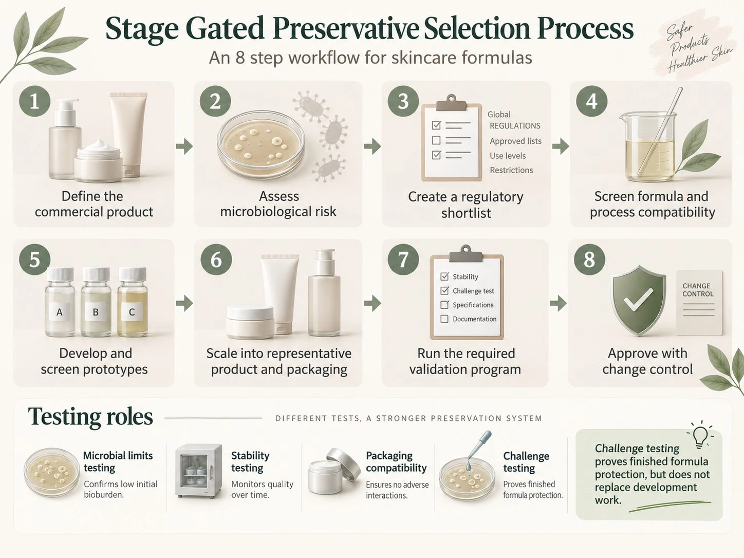 Stage Gated Preservative Selection Process 8 Step Skincare Formula Workflow Illustration - Zicail Beauty Stage Gated Preservative Selection Process 8 Step Skincare Formula Workflow Illustration - How to Choose Preservatives for Skincare Formulas