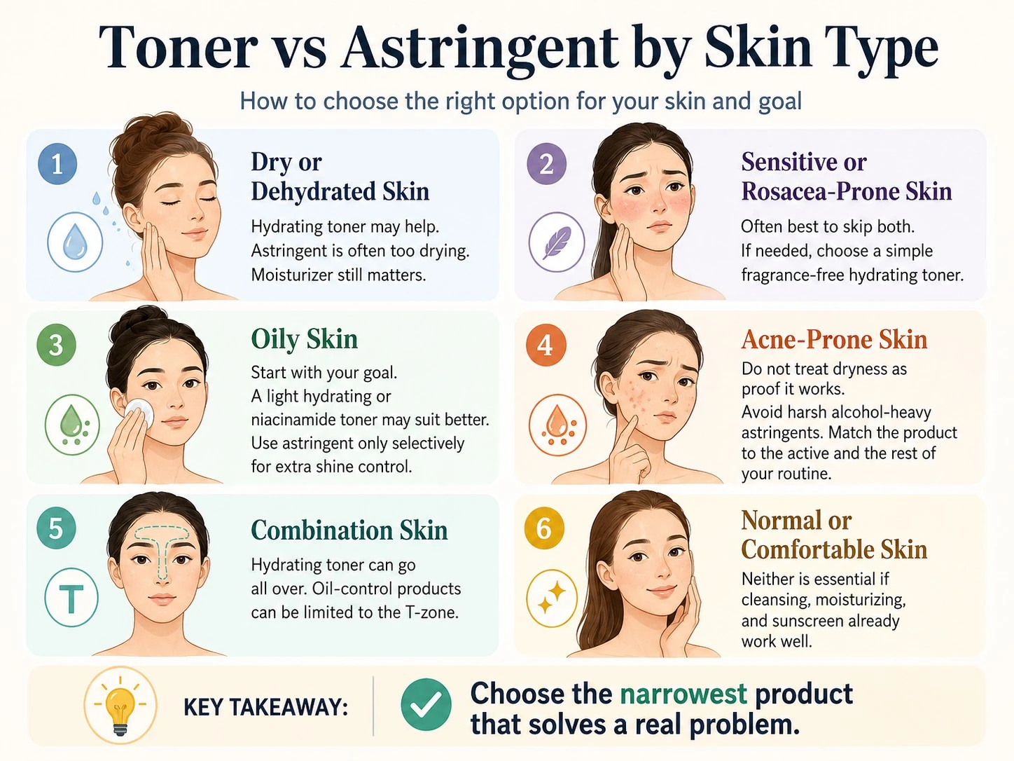 Toner vs Astringent by Skin Type illustration showing dry sensitive oily acne combination and normal skin guidance - Zicail Beauty Toner vs Astringent by Skin Type illustration showing dry sensitive oily acne combination and normal skin guidance - Toner vs Astringent: Which Is Better for Your Skin?