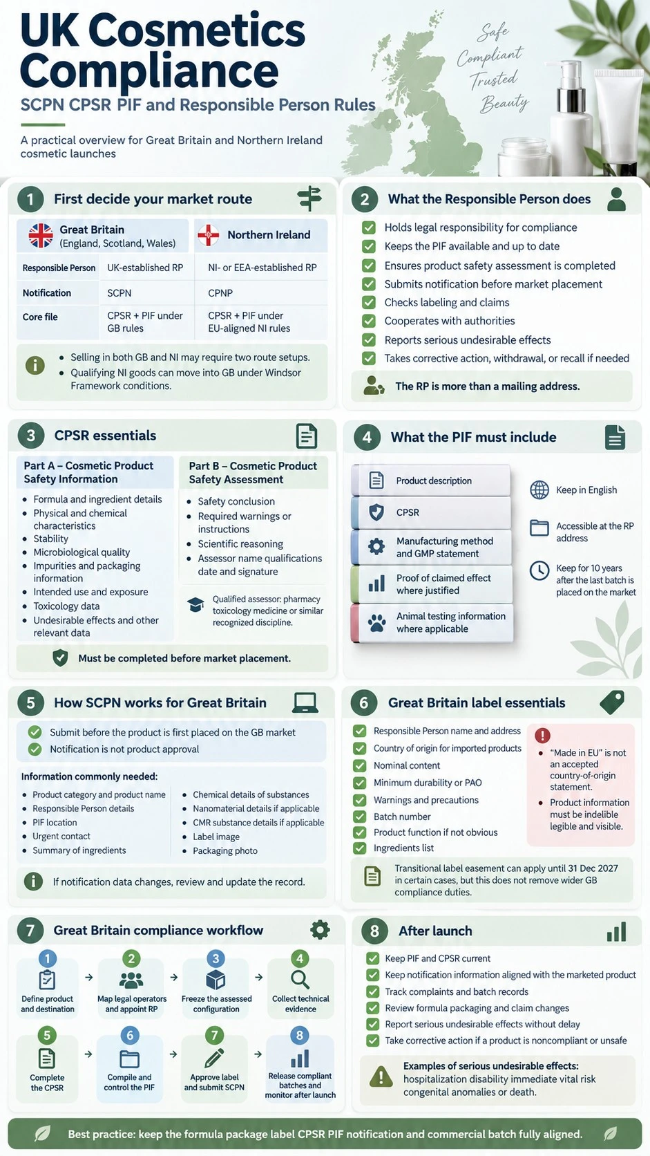 UK Cosmetics Compliance SCPN CPSR PIF Responsible Person labeling notification and post market duties infographic - Zicail Beauty UK Cosmetics Compliance SCPN CPSR PIF Responsible Person labeling notification and post market duties infographic - UK Cosmetics Compliance: SCPN, CPSR, PIF & RP