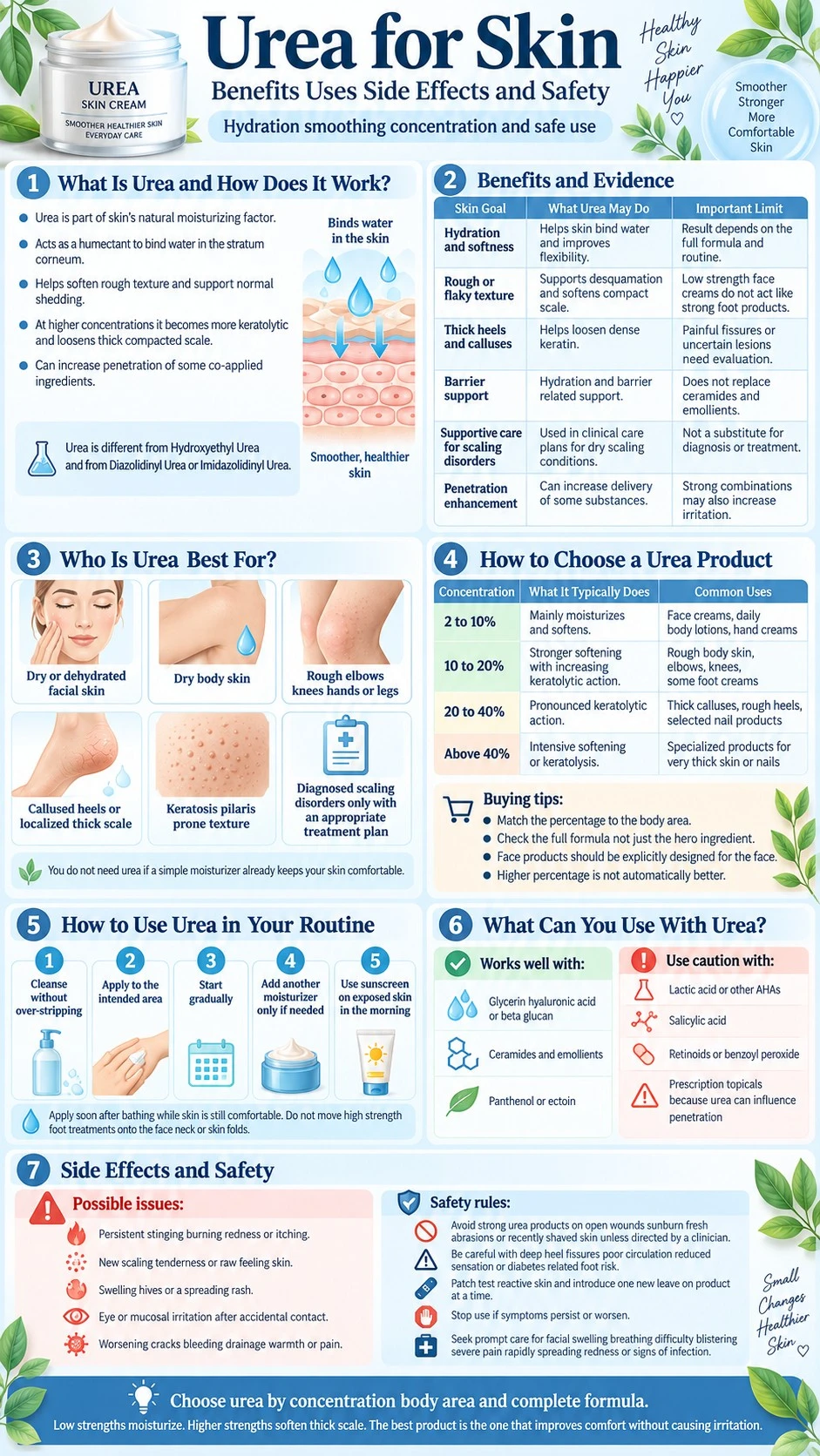 Urea for Skin Benefits Uses Side Effects and Safety concentration and routine infographic - Zicail Beauty Urea for Skin Benefits Uses Side Effects and Safety concentration and routine infographic - Urea for Skin: Benefits, Uses, Side Effects and Safety