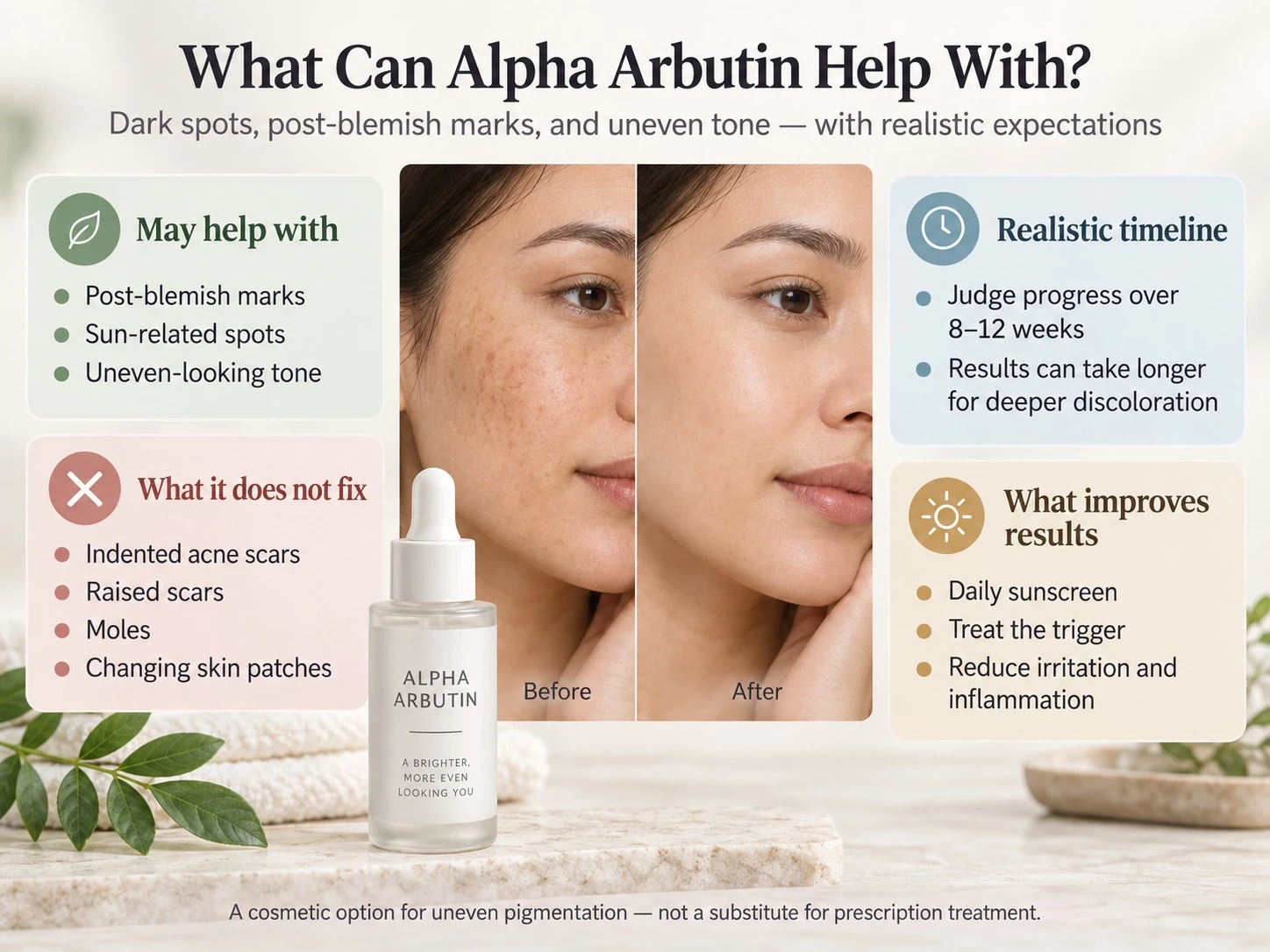 What Can Alpha Arbutin Help With illustration showing dark spots uneven tone timeline sunscreen and realistic limits - Zicail Beauty What Can Alpha Arbutin Help With illustration showing dark spots uneven tone timeline sunscreen and realistic limits - Alpha Arbutin for Skin: Benefits, Uses & Side Effects